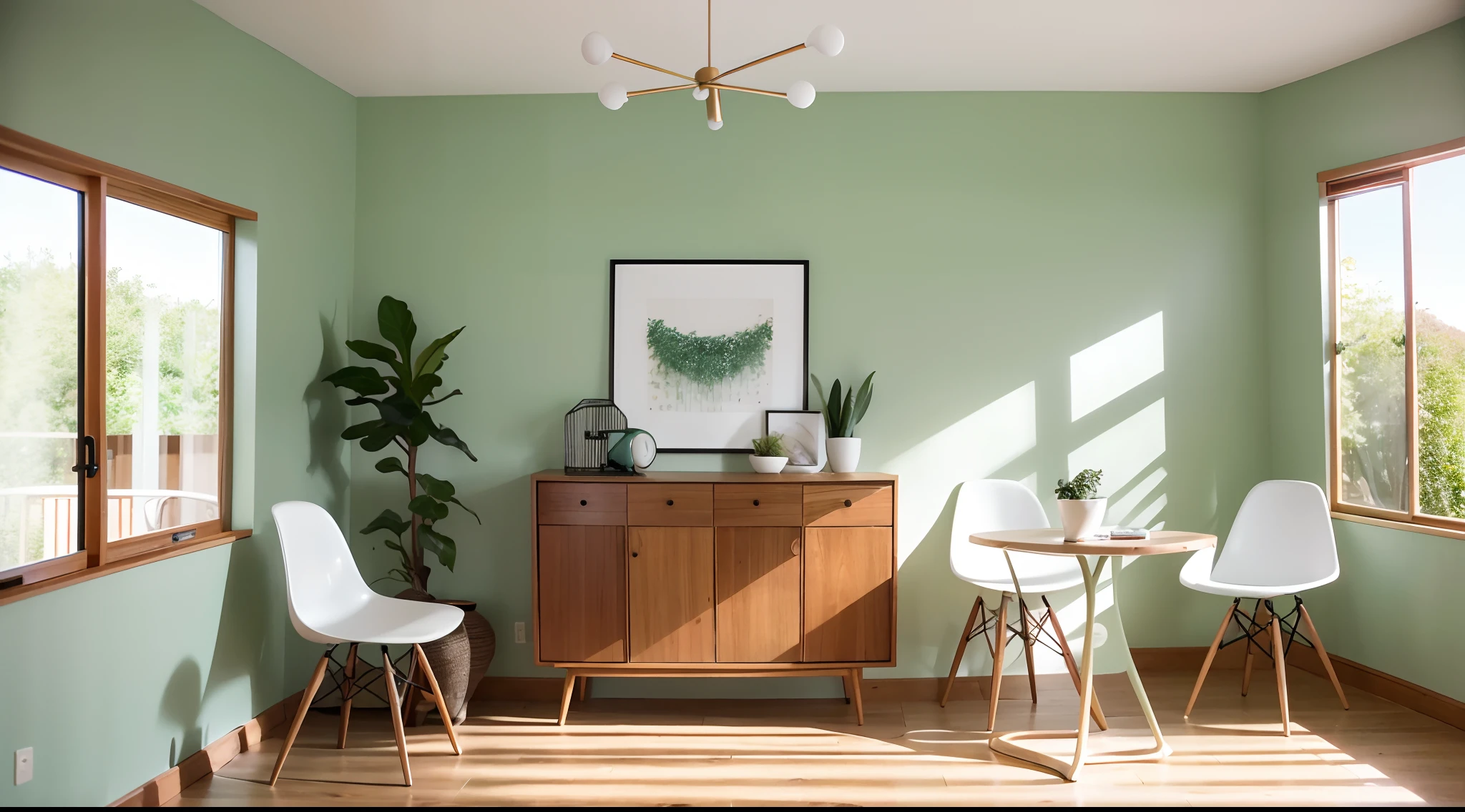 An inviting mid-century modern living room showcasing a mint color chair arrangement around a round wooden dining table. The subtle mint tones harmonize with the natural wood elements, exuding warmth and comfort against a soothing green wall.Canon EOS R6 with 24-70mm f/2.8 lens, natural sunlight, urban lifestyle photography.
