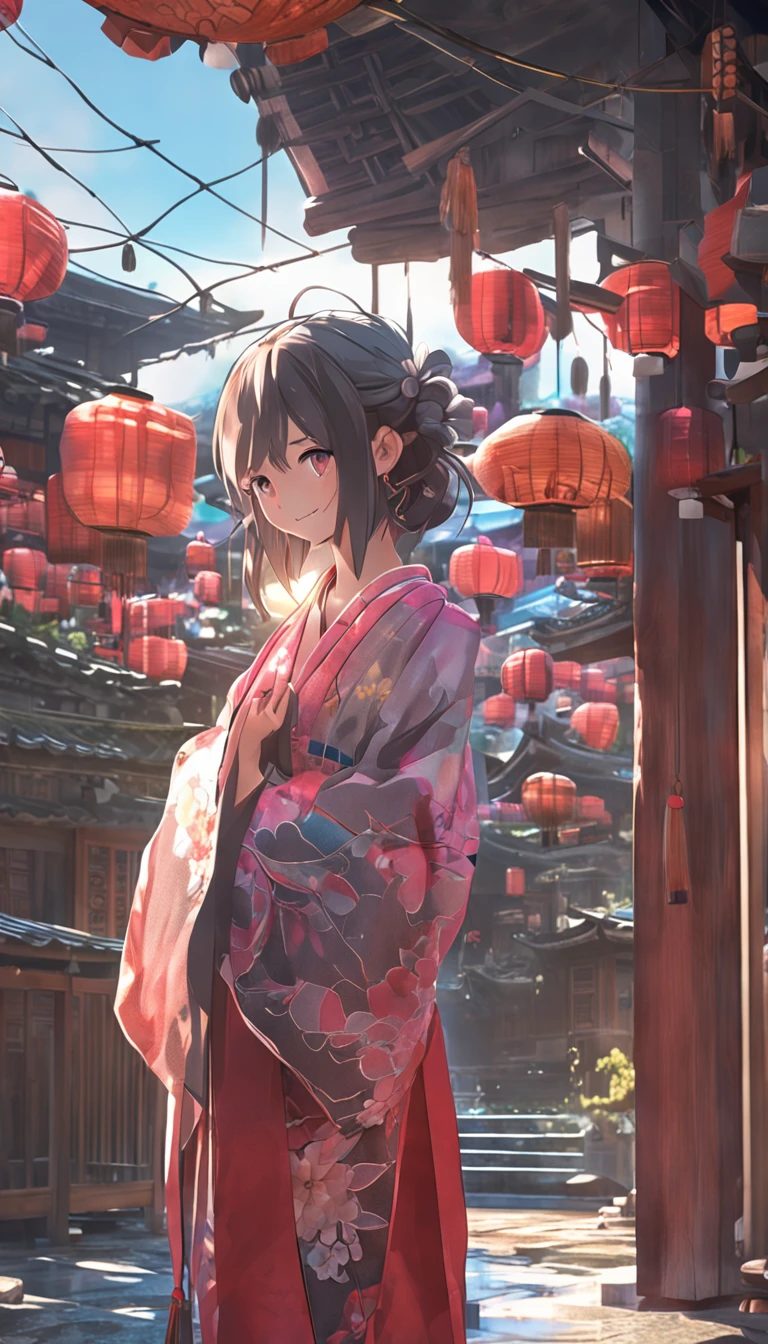 ((Yukata)),eye glass,innocent smiles,ancient city,veranda,wind chime,(1girl in, Solo:1.6),(Best Impact:1.5), (maximalism:1.7),Vivid contrast, (Realistic), hyperrealistic illustrations, hight resolution, ultra-detailliert, absurderes,(Fractal Art:1.3)、Random hairstyle、Random hair color colorful、Iridescent eyes、FULL BODYSHOT、Retro、Precise focus、randome pose、cinema4d、Drama