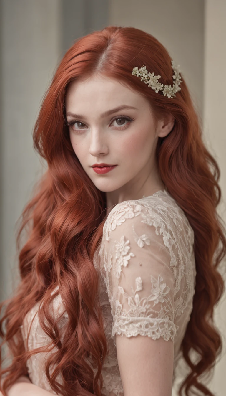(obra prima, alto detalhe, absurdos, Foto RAW:1.2), 1PINUP GIRL, long red hair, rosto delicado, long eyelashes, little smile, In the Romantic Vintage Setting, summer dress, stockings, high heels