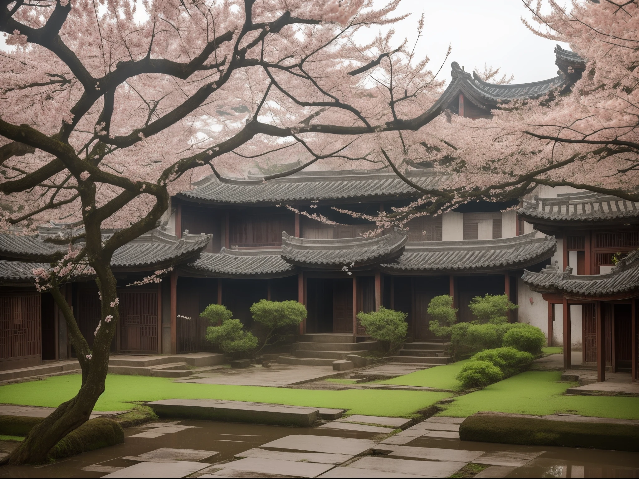 In a dilapidated Chinese yard,Rainy days,There is a peach tree in the middle of the yard,On both sides of the peach tree, Two fighters stood up, A man and a woman,Look at each other from afar。