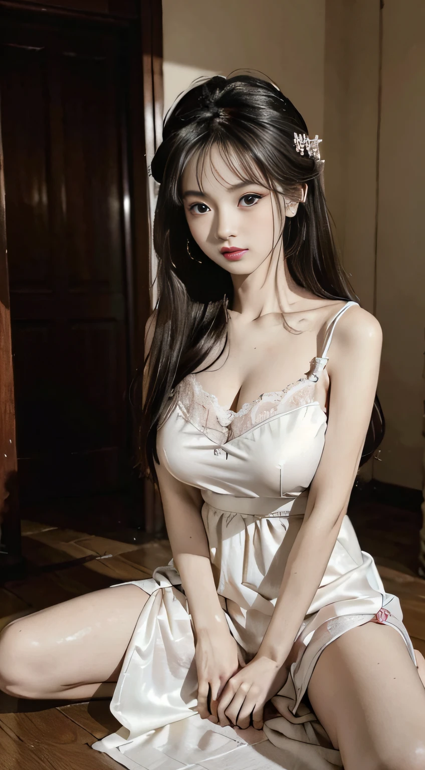 Master quality, highest quality, best picture quality, exaggerated details, a cute 8 asian little gth a shy expression, slightly squinted eyes, adjusting her hair, long eyelashes (long hair / very, very exaggerated big breasts, big tits / in petticoat dress tissue, ), posing above look down sit in front of the camera, wet breast hanfu, slim and tall waist, silk lace, xintong chen, with open v acient chinese clothes, detail breast , detail cheast, drenched in sweat, , sex.