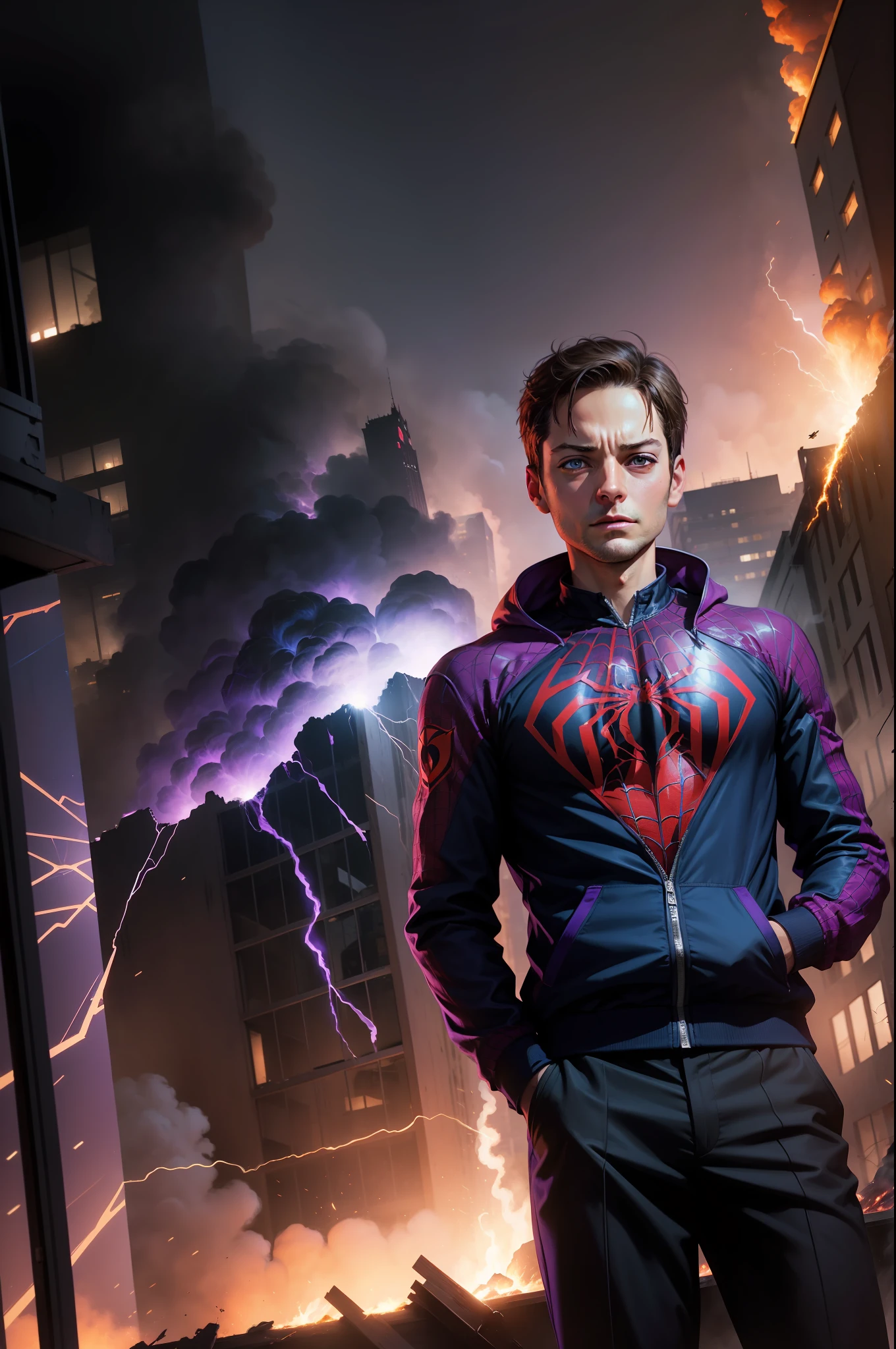 Tobey Maguire dressed in jacket and pants reminiscent of the Spiderman costume with iconic Spiderman logo, explosions, destroyed buildings collapsed, rising smoke, purple flames, reflected purple and blue lights, realistic, photography, Canon Eos R6