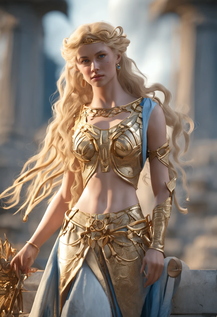 Young virgin greek goddess of wild nature and hunting, with (((Blonde hair))) And (((Blue eyes))), Amazingly beautiful, is fair-skinned, slender and tall, Show off her perfect pair of long legs, wears {sleeveless, (Very short: 1.7), (white:1.5), Greek chitons, With golden border}, Abs, "Looks strict and determined", What's on ((Golden bow)), Running and chasing prey, archery, Mythical Arcadian mountains and forests, Greek mythology, vibrant and lively atmosphere, Hyper-Realism, ultra-quality, ultra accurate description of hand, Photorealistic, Super Detail, 8K, masterpiece