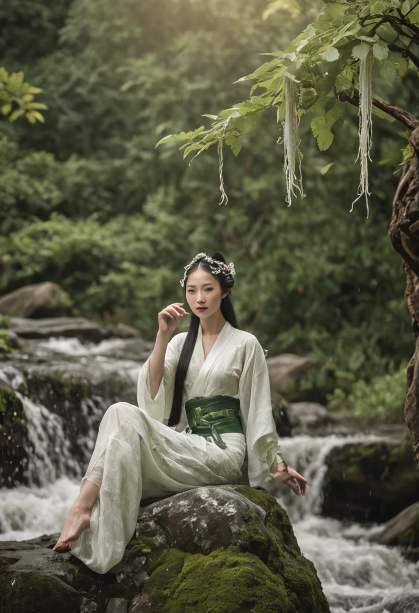 The Legend of the White Snake,The upper body is human,The lower body is a snake,Entangled with the green snake between the two of them,The sound of the scissors forest,The waterfall is in the distance,ancient wind,China-style,SENSE OF CINEMA,photorealestic,3D, scissors , scissors , scissors , scissors