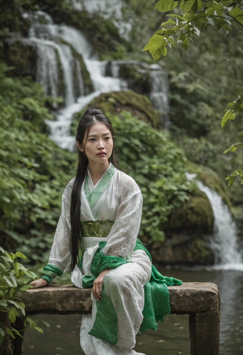 The Legend of the White Snake,The upper body is human,The lower body is a snake,Entangled with the green snake between the two of them,The sound of the scissors forest,The waterfall is in the distance,ancient wind,China-style,SENSE OF CINEMA,photorealestic,3D, scissors , scissors , scissors , scissors