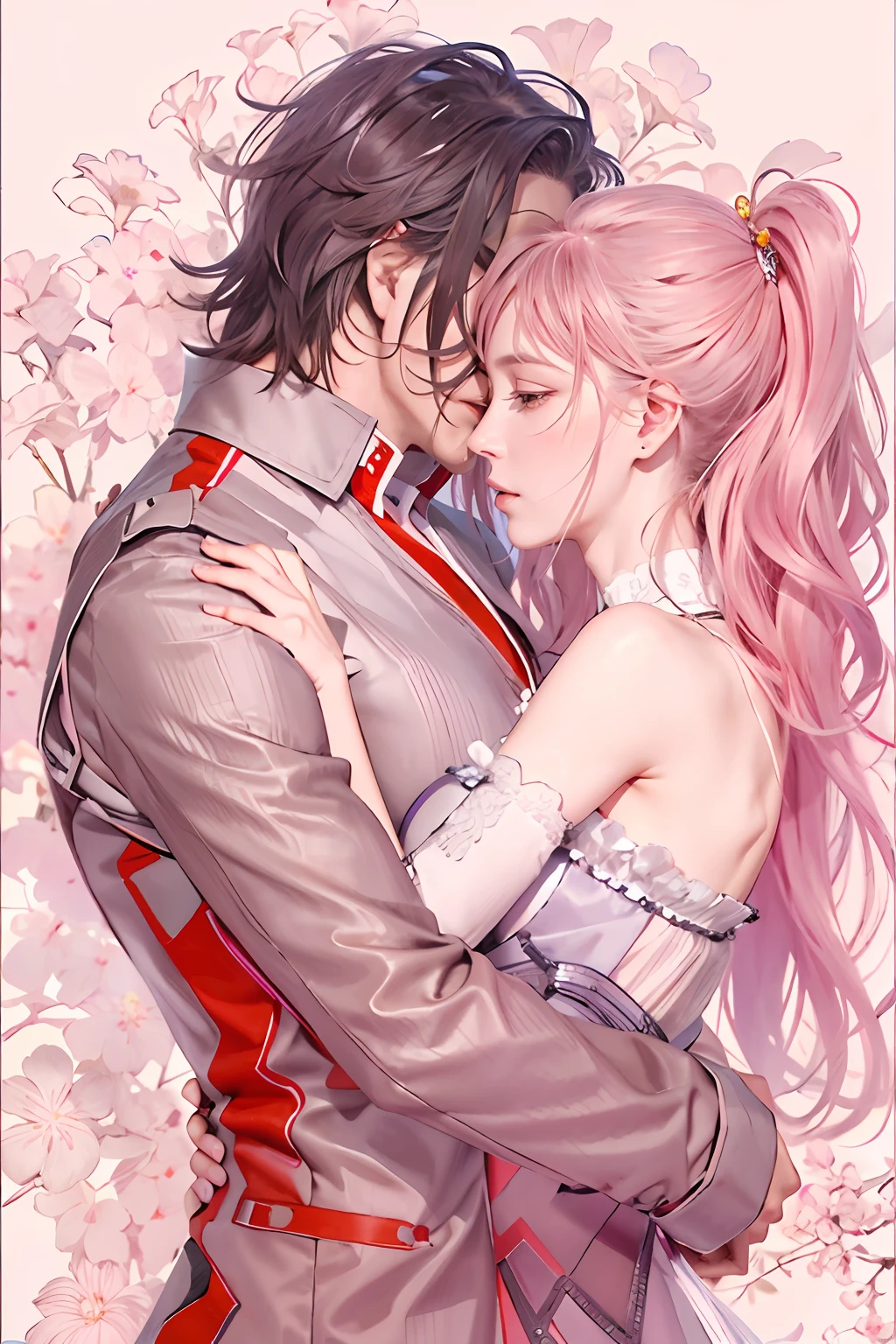 ((highest quality)), ((masterpiece)), (Get used to it), Perfect Face , Couple , 1 male , 1 female , On the bed , kiss , Embrace each other ,