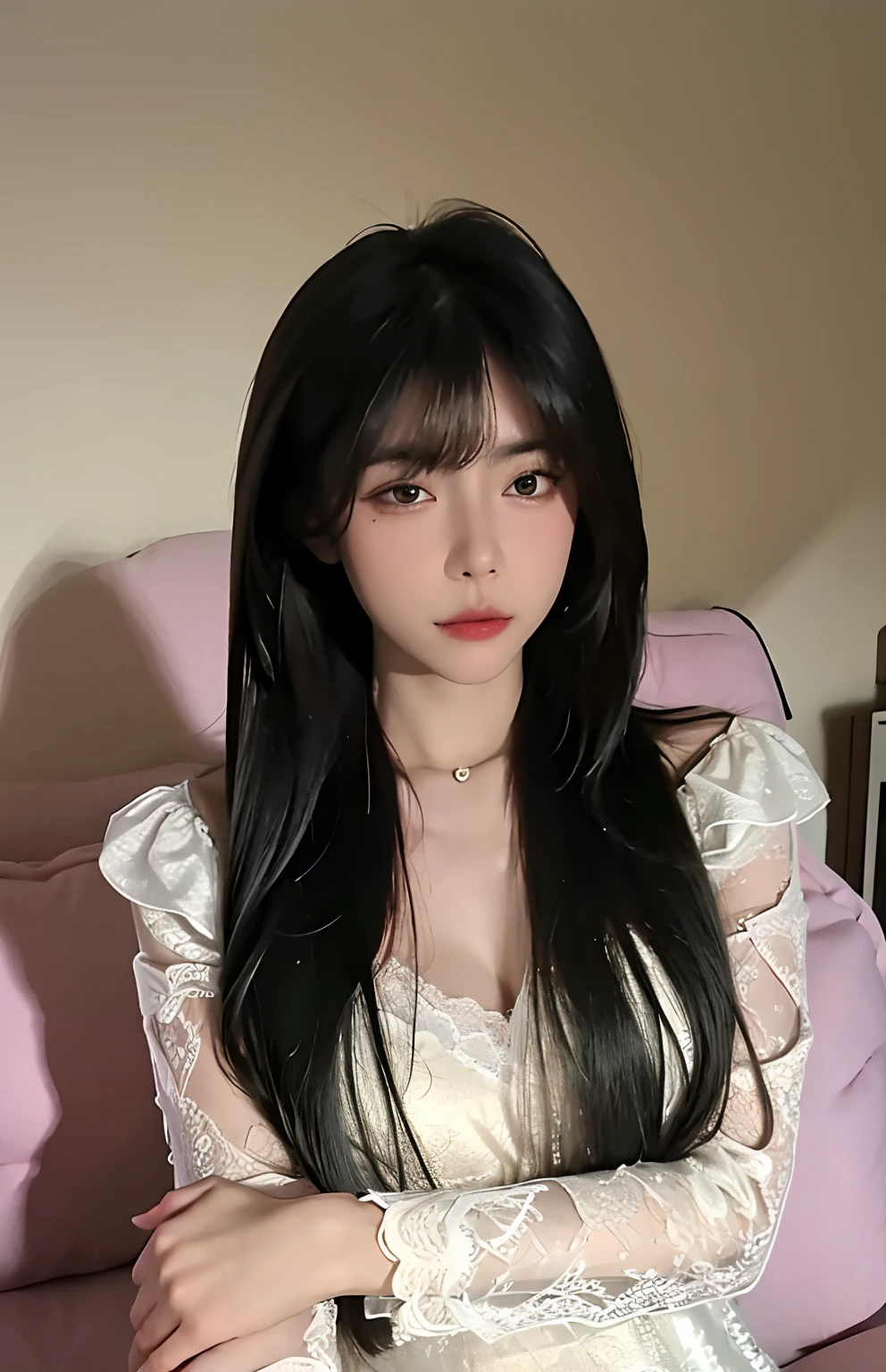 best qualtiy， tmasterpiece， 超高分辨率， （realisticlying：1.4）， RAW photogr， 1girll， （（Black lace nightgown））， （（Bigchest）），long whitr hair，lying on sofa，Hands on chins，Fingers are clear and good-looking，
