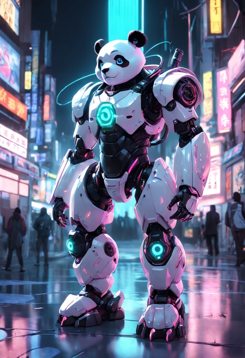 personification,Transparent mechanical panda,Cyberpunk, Dreamy glow, bright neon lights, ( Global Illumination, Ray traching, nffsw, Unreal Render,Reasonable design, high detal, masutepiece, Best Quality, hyper HD, Cinematic lighting), mecha musume
