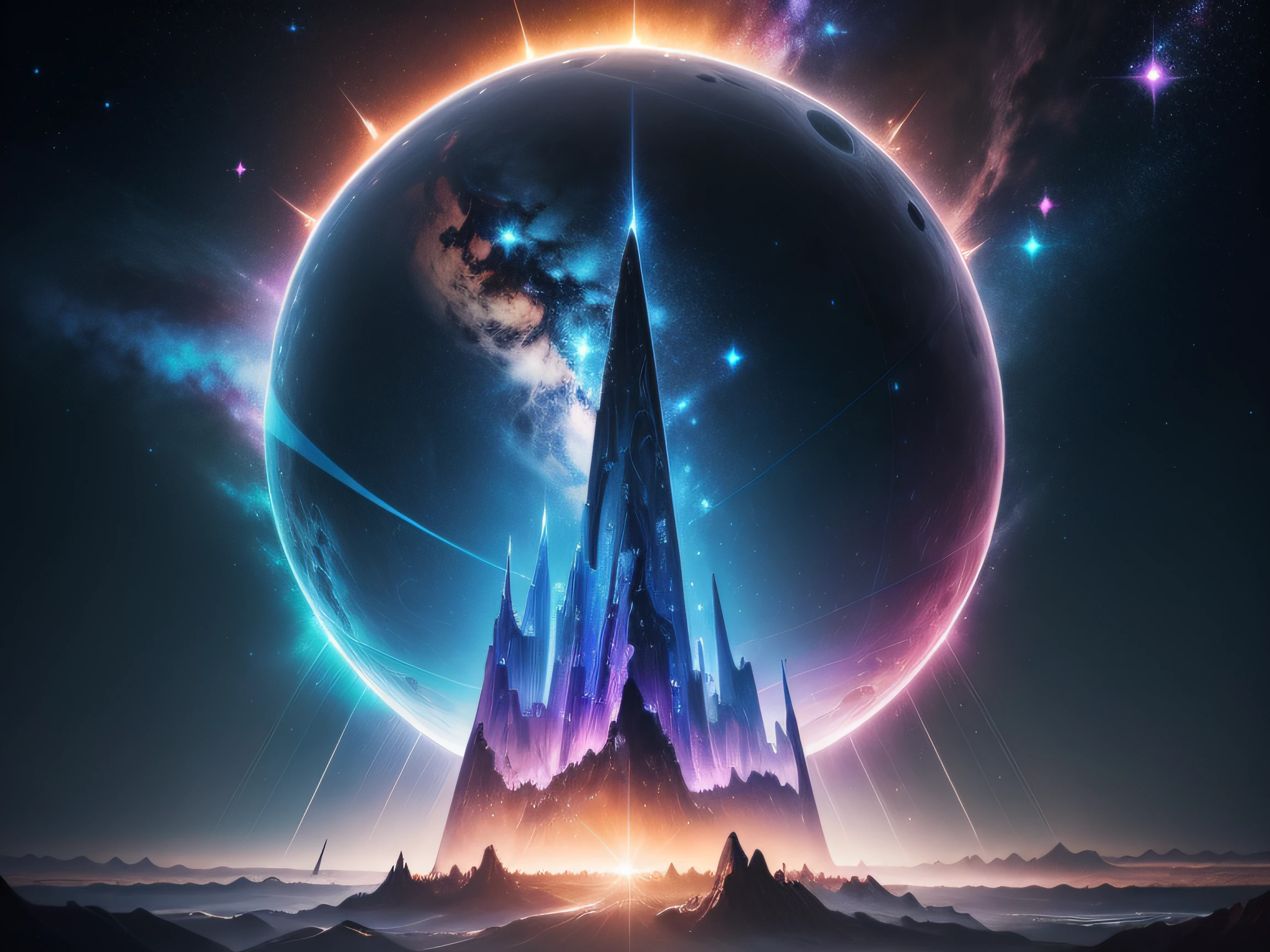 ((Surrealism)), Cubist Futurism, diffraction spikes, ((best quality:1.2)),galaxy,the earth,starry skies shining,In the wilderness,A giant crystal tower rises from the ground,It goes straight to the sky,Majestic,The top glows brightly,The silhouette of the Earth is faintly visible behind it