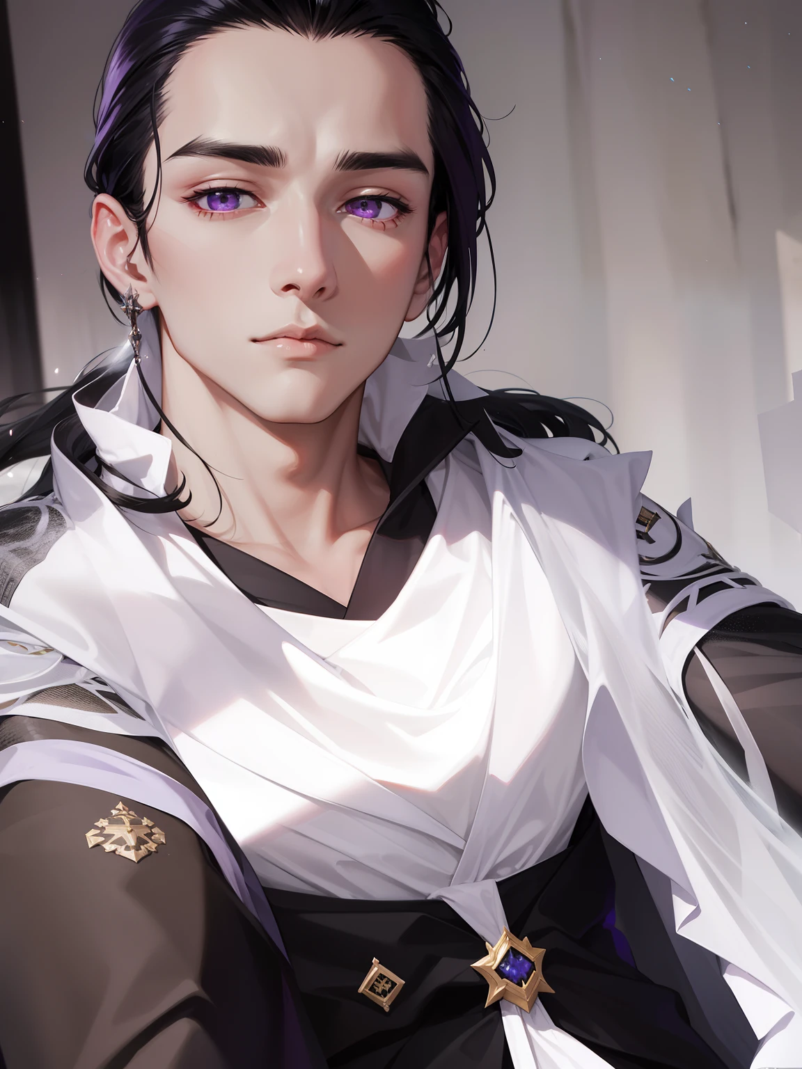 Black-haired man， Sub-eye， royal house， ellegance，Black robe，long whitr hair，Black-violet light particles， bad boy， high qulity， highly  detailed，