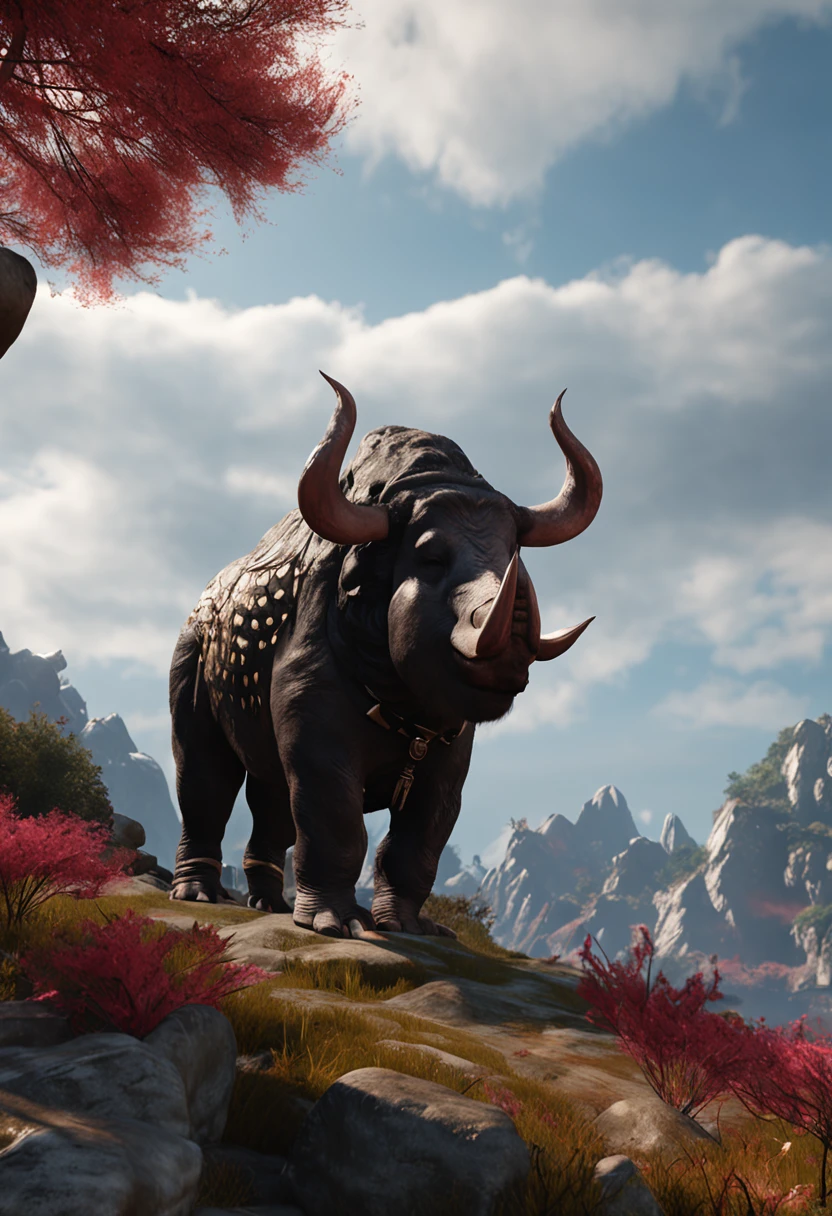 3d，32K resolution，Unreal Engine5，Chinese mythology，Higher than mountains,A huge wild boar，Dark style，huge tusks，Huge body contrast