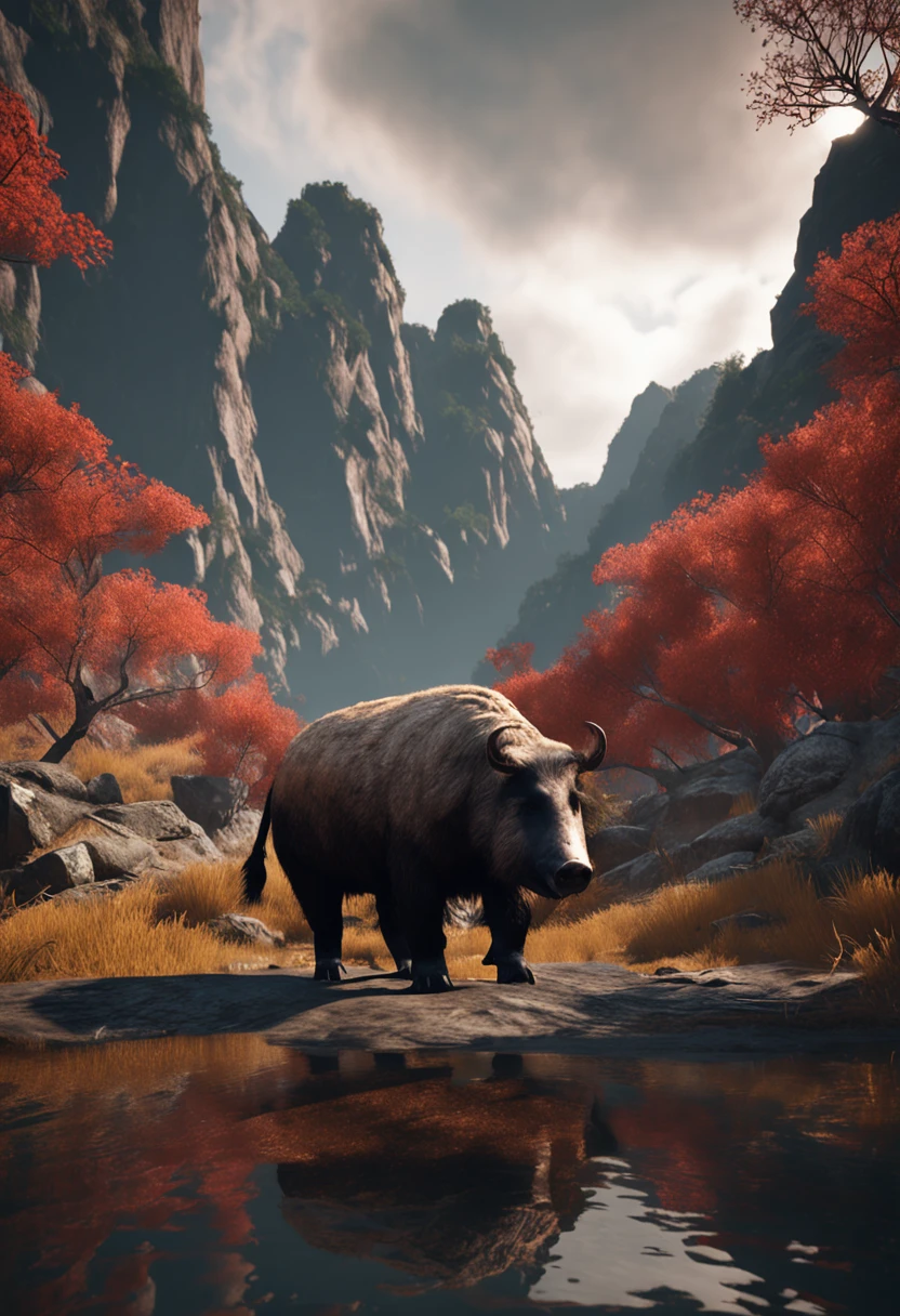 3d，32K resolution，Unreal Engine5，Chinese mythology，Higher than mountains,A huge wild boar，Dark style，huge tusks，Huge body contrast