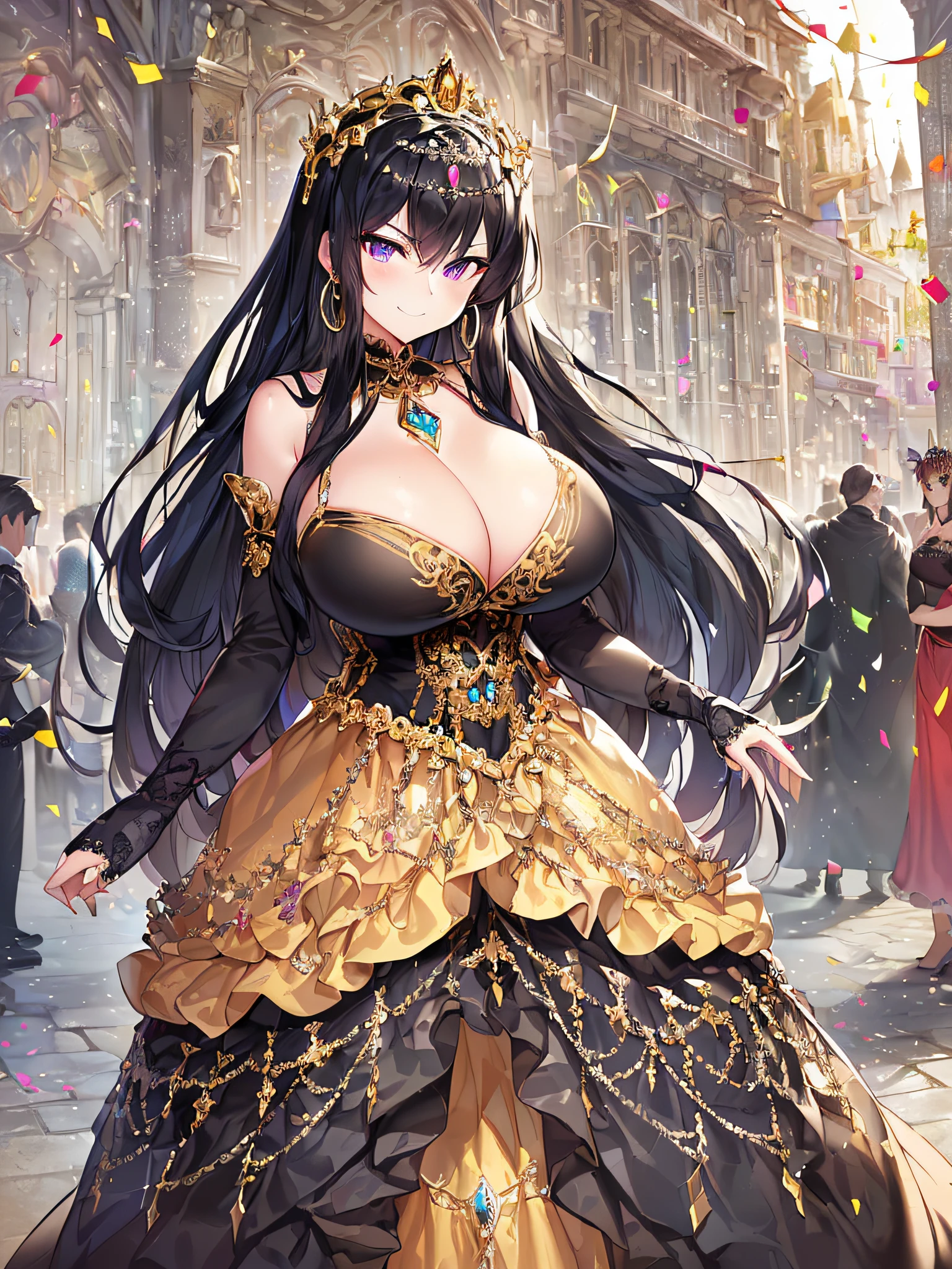 ((anime artstyle)),(Masterpiece),(Best Quality), (Super Detail),((Very Delicate and Beautiful)),(((Solo))),((full body portrait)),((1 arrogant queen in gorgeous black and gold rococo princess ballgown with voluminous full length hoop skirt and gorgeousfull embroidery),((crinoline)),gold trim,Long train,(dominant pose,dominant facial expression),(arrogant,haughty),((arrogant smile,haughty smile)),Sharp eyes,((standing in the square of the castle town,festival,confetti)),sunlight,((outdoor)),medieval main street,gorgeous gemstone jewelry,detailed face and eyes,jewel-like eyes,Purple eyes,(Bangs between eyes),((large amount of straight hair,extremely Long voluminous black Hair)),((gigantic tits,Long tits)),gorgeousfull embroidery,cleavage,extremely gorgeousfull hair ornament,(bling-bling extremely gorgeousfull jeweled tiara),gorgeous corsage,(Dynamic Angle),Looking at viewer,confetti flowing,(((gorgeous black and gold rococo princess ballgown with voluminous full length hoop skirt and gorgeousfull embroidery)))