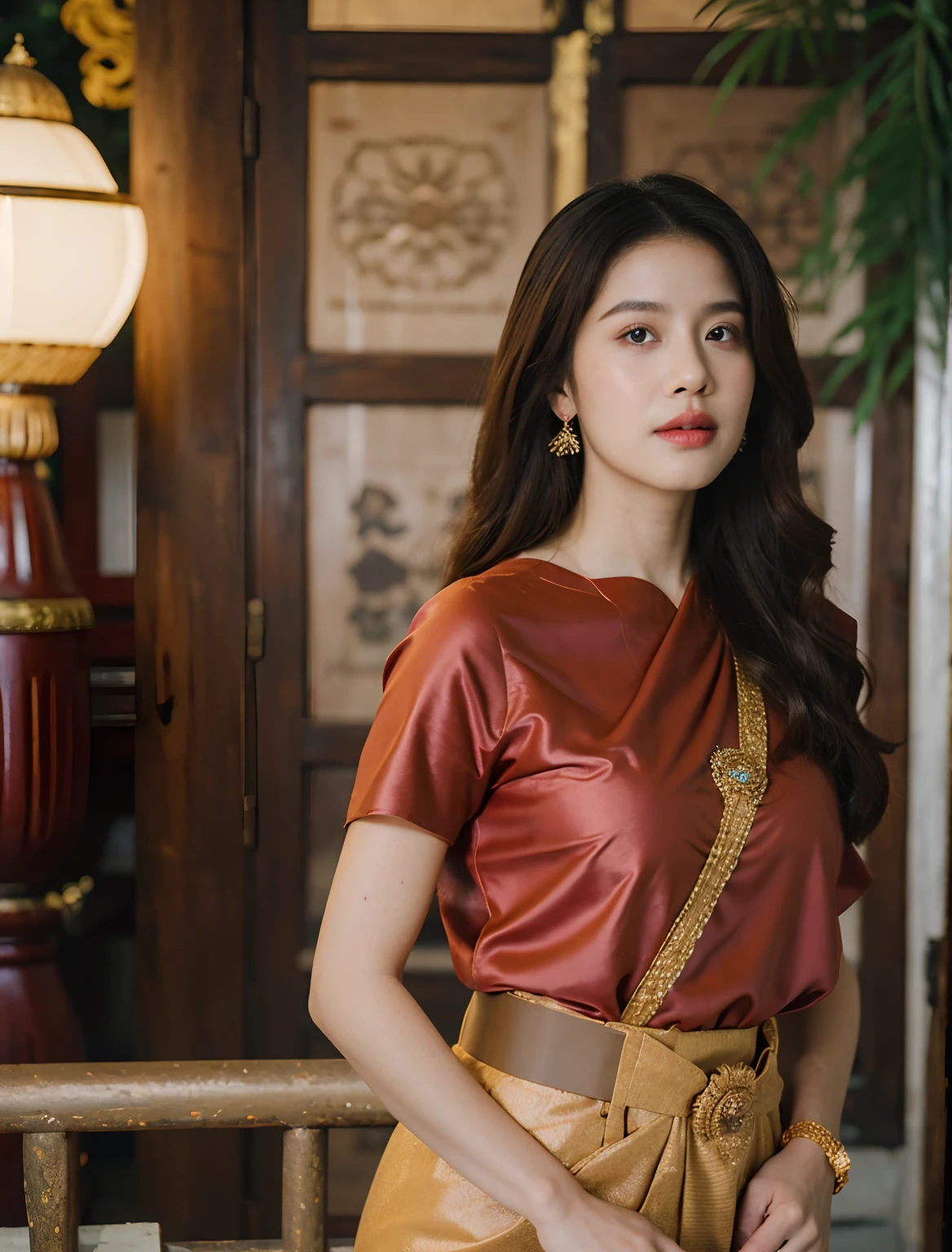 (8k,masterpiece,hi ultra res, realistic :1.3), best quality, portrait , realistic, focus face, 1 woman, brown long hair, thai traditional dress , ( red sabai:1.2), temple background, (breeze:1.2),(sun lighting:1.2)