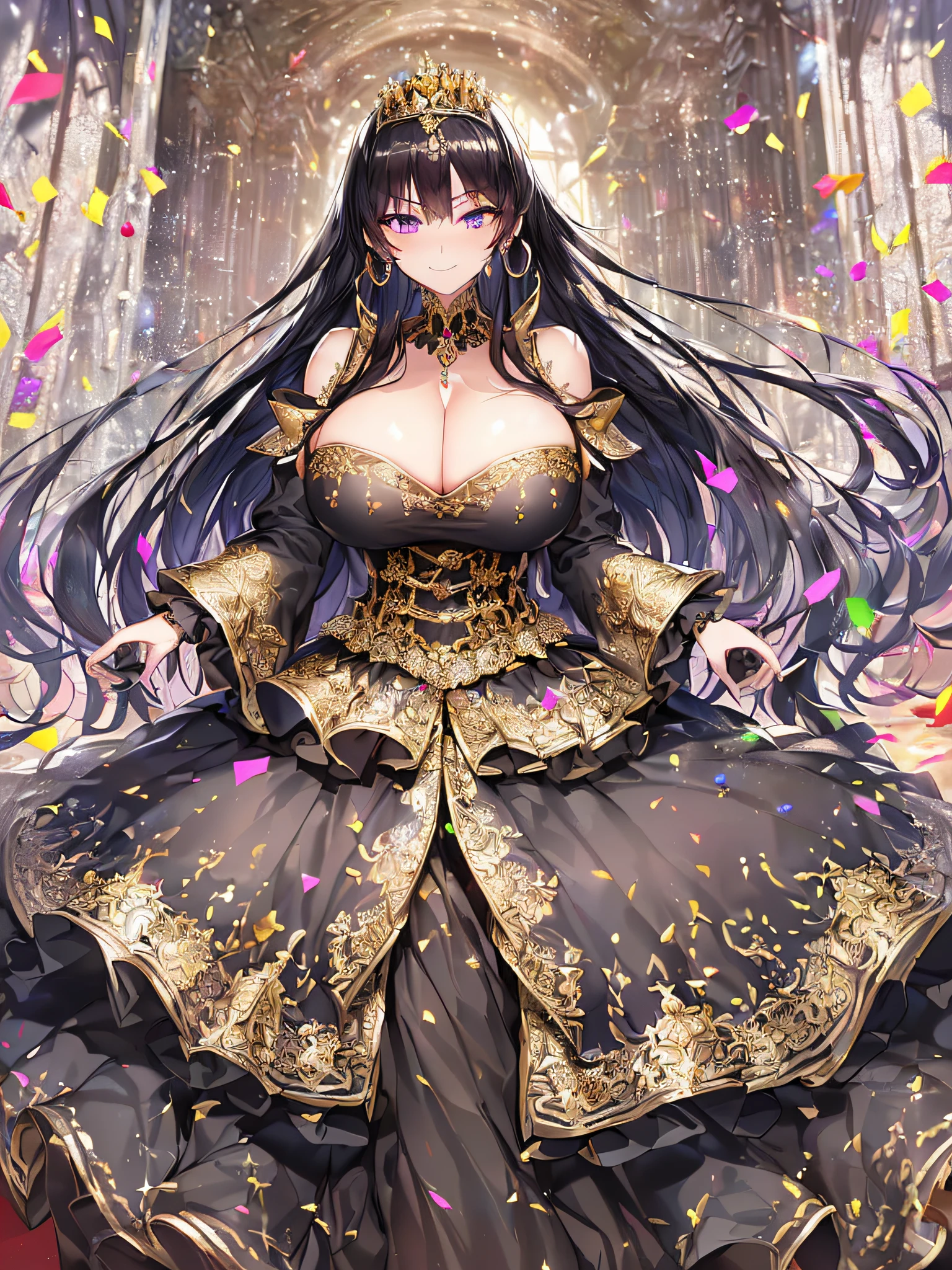 ((anime artstyle)),(Masterpiece),(Best Quality), (Super Detail),((Very Delicate and Beautiful)),(((Solo))),((full body portrait)),((1 arrogant queen in gorgeous black and gold rococo princess ballgown with voluminous full length hoop skirt and gorgeousfull embroidery),((crinoline)),gold trim,Long train,(dominant pose,dominant facial expression),(arrogant,haughty),((arrogant smile,haughty smile)),Sharp eyes,((standing in the square of the castle town,festival,confetti)),sunlight,((outdoor)),medieval main street,gorgeous gemstone jewelry,detailed face and eyes,jewel-like eyes,Purple eyes,(Bangs between eyes),((large amount of straight hair,extremely Long voluminous black Hair)),((gigantic tits,Long tits)),gorgeousfull embroidery,cleavage,extremely gorgeousfull hair ornament,(bling-bling extremely gorgeousfull jeweled tiara),gorgeous corsage,(Dynamic Angle),Looking at viewer,confetti flowing,(((gorgeous black and gold rococo princess ballgown with voluminous full length hoop skirt and gorgeousfull embroidery)))