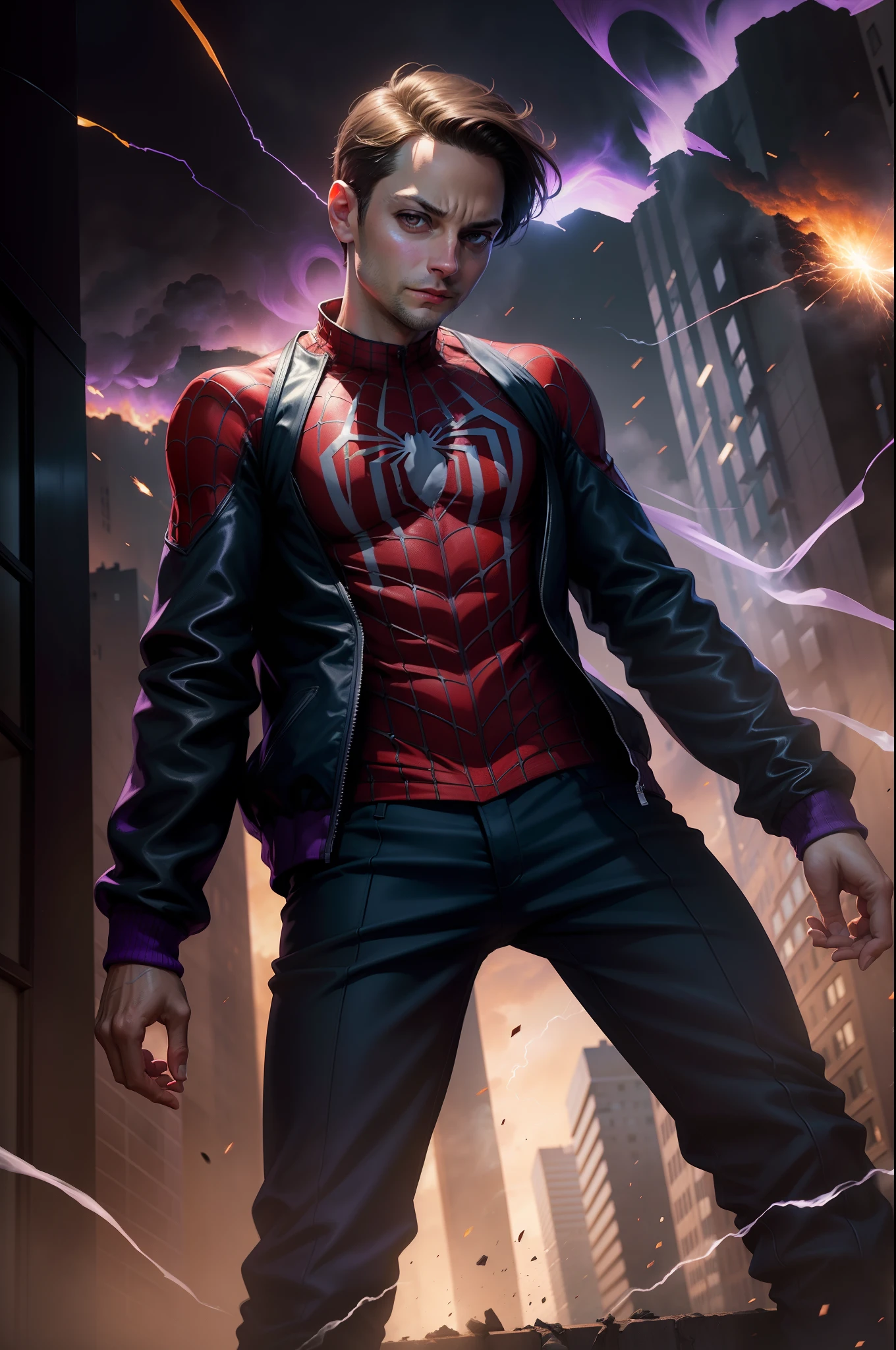 Tobey Maguire dressed in jacket and pants reminiscent of the Spiderman costume with iconic Spiderman logo, explosions, destroyed buildings collapsed, rising smoke, purple flames, reflected purple and blue lights, realistic, photography, Canon Eos R6