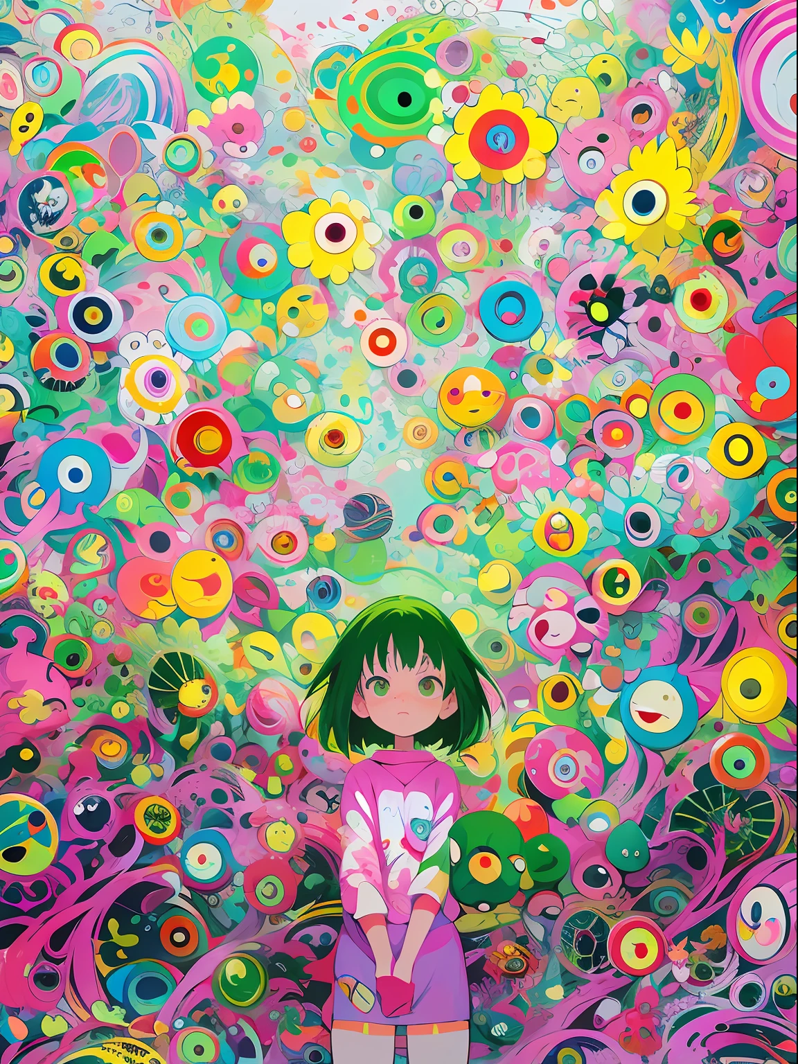 Anime girl standing in front of many eye drawings, inspired by Kagaku Murakami, dreamy psychedelic anime, inspired by Murakami, anime art wallpaper 4k, anime art wallpaper 4k, inspired by Takashi Murakami, Anime art wallpaper 8k, anime abstract art, best anime 4k konachan wallpaper