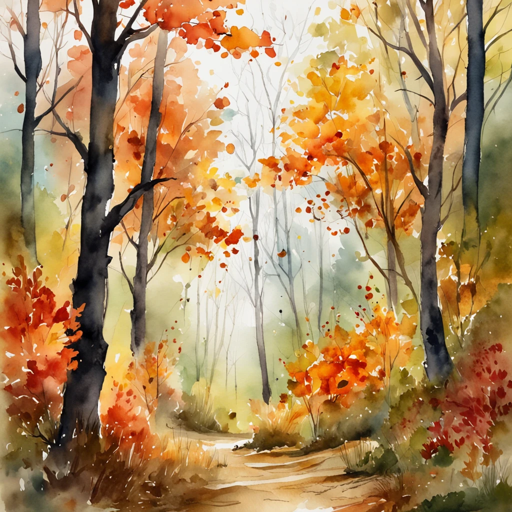 Photorealistic: An autumn forest scene with vibrant colors and falling leaves, captured in a watercolor style. The art inspiration for this image is from the works of watercolor artists on platforms like Art Station and Behance. The camera should have a wide-angle lens to capture the vastness of the forest. The view mode should be from a low angle to showcase the towering trees. The image should have a white background to enhance the colors of the autumn foliage. The resolution should be high to capture the intricate details of the leaves and tree trunks. Lighting should be natural, with sunlight filtering through the trees, creating a warm and inviting atmosphere.