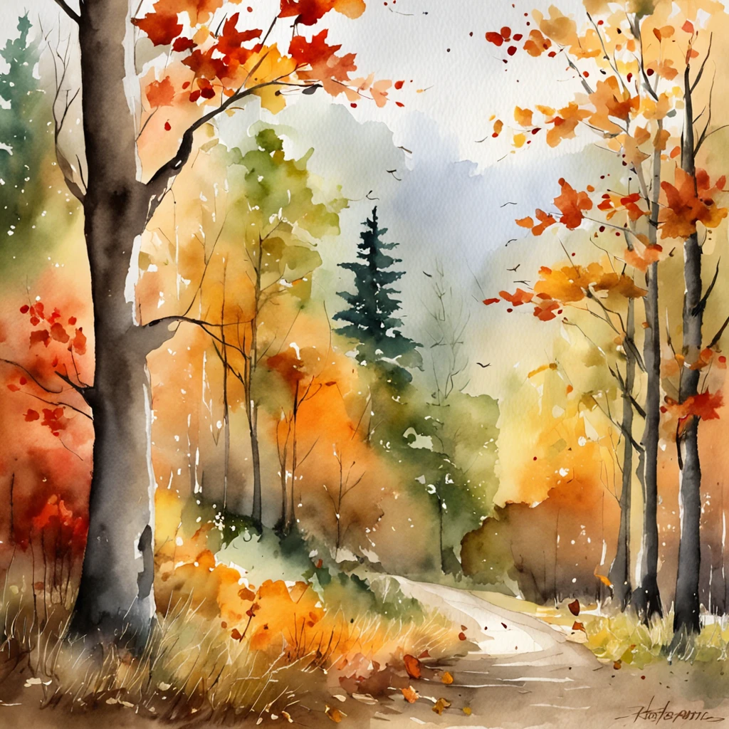 Photorealistic: An autumn forest scene with vibrant colors and falling leaves, captured in a watercolor style. The art inspiration for this image is from the works of watercolor artists on platforms like Art Station and Behance. The camera should have a wide-angle lens to capture the vastness of the forest. The view mode should be from a low angle to showcase the towering trees. The image should have a white background to enhance the colors of the autumn foliage. The resolution should be high to capture the intricate details of the leaves and tree trunks. Lighting should be natural, with sunlight filtering through the trees, creating a warm and inviting atmosphere.