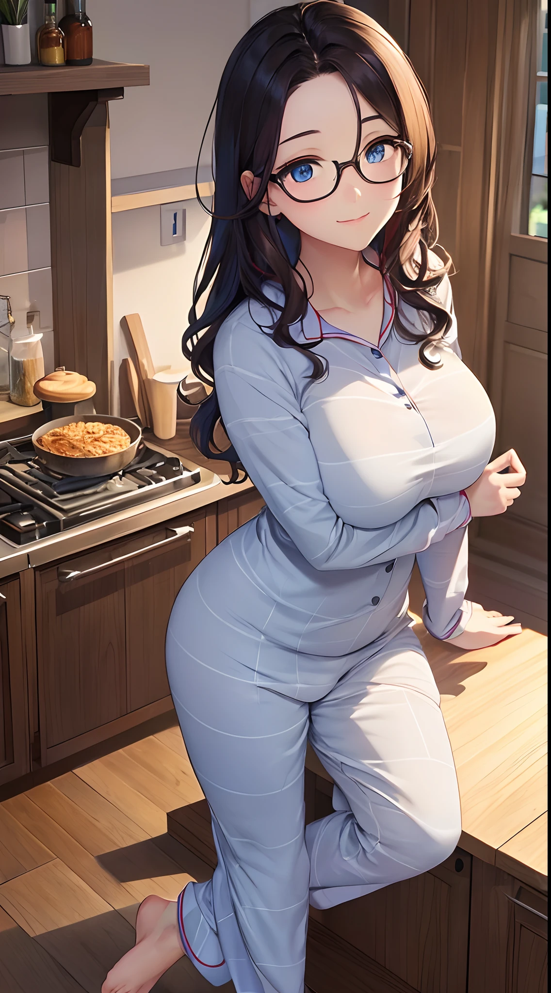(masterpiece), best quality, expressive eyes, perfect face, 1girl, solo, (bokeh: 1.2) , (illustration: 1.1), (best eyes: 1.3), (scenery: 1.2), (sketch: 1.1), (colorful: 0.9), (depth of field: 0.75), (30 years old: 1.4), (milf: 1.3), (oneesan), glasses,
(detailed eyes: 1.4), (forehead: 1.5), curly (Dark Bronze) hair, sharp eyes, (waved hair), (blue eyes: 1.3), (multicolored hair: 1.2), chubby, bold face
(Intricate shirt: 1.4), (bare foot), (thick body), (casual: 1.2), (tall body), medium breast, ((thick tight)), (pajama: 1.2), quite fat,
looking_at_viewer, smirk, warm, morning, indoor, kitchen room, calm light, dynamic camera, calling pose, full body