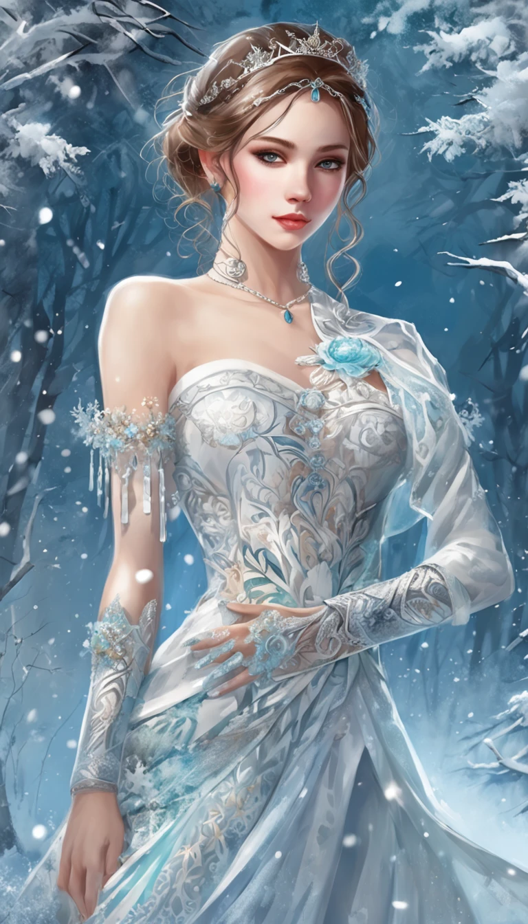 ((from below)), ((full body)), ((cross legged)), ((realistic)), Beautiful young girl, Sexy goddess, queen of ice, Princess crown, slender leg, cold light, the night, nevando, snowfield, (Skirt, One shoulder, Floral, Lots of patterns), (cyan colors, white colors), Detailed scenes, Beautiful digital illustration, the detail,Hyper-detailed, (correct hand, beautiful hand), (Solve the problem correctly), (best qualtiy,tmasterpiece)