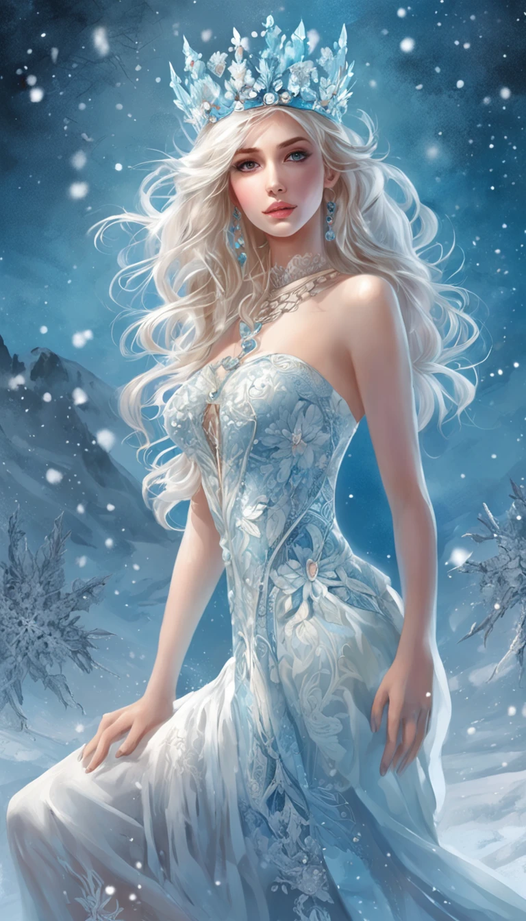Ice Elf (cute woman, blue skin, deep blue eyes, pointy ears, waist length pale hair, sapphire sequin sparkling evening gown0 inspecting her ice sculpture flower garden in a snow landscape, twilight
