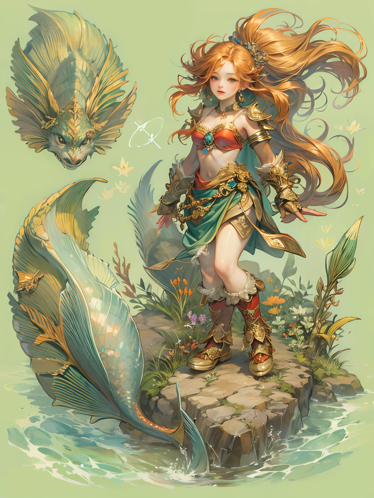 (absurdres, highres, ultra detailed, HDR), masterpiece, best quality, legend of mana flameshe the mermaid, detailed character, a mermaid in Madora beach