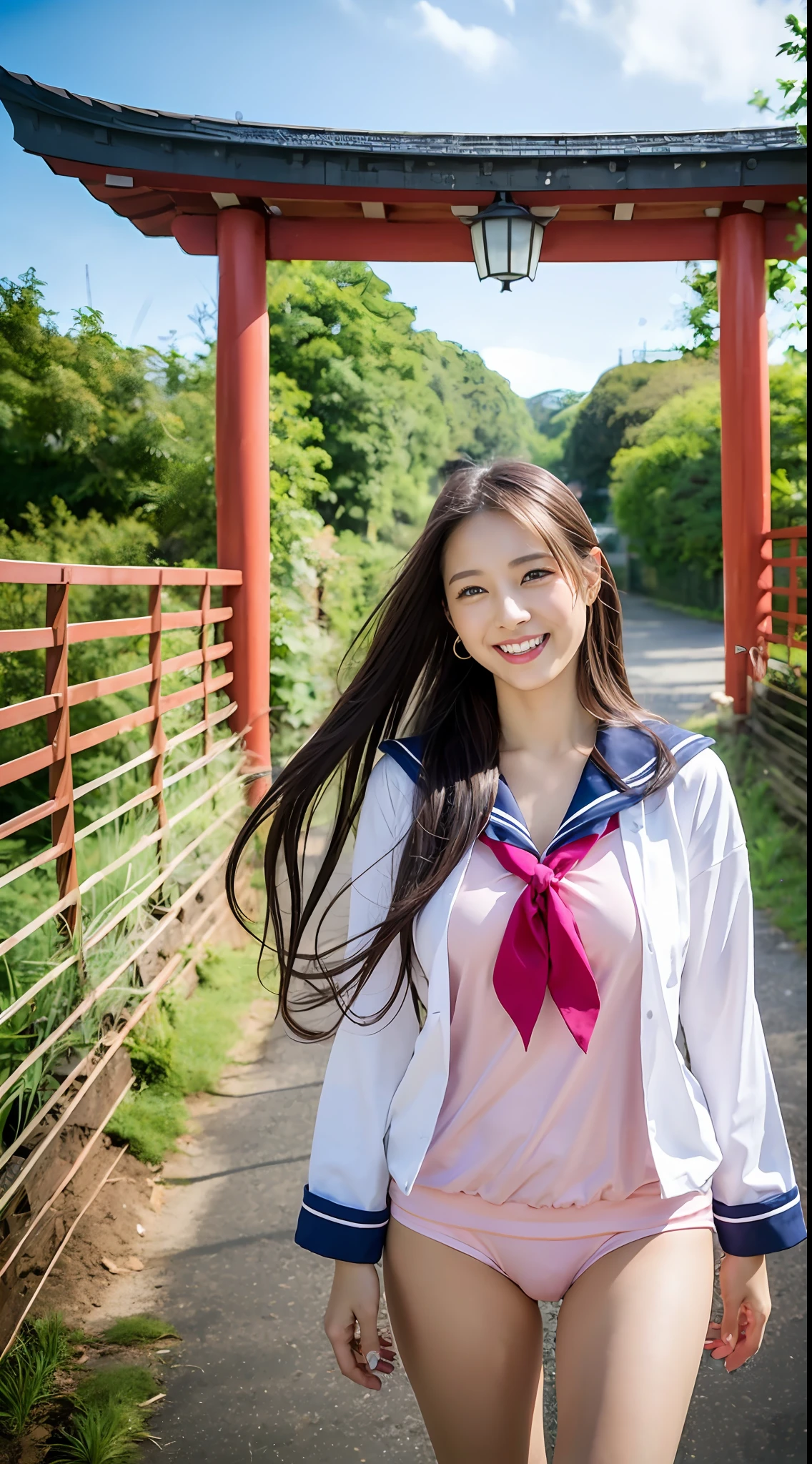 (masutepiece:1.3), (8K, Photorealistic, Raw photography, Best Quality: 1.4), japanse, Beautiful face, (Lifelike face), (Long-haired hair:1.3), Realistic eyes, Beautiful eyes, (realskin), Beautiful skin, Ultra high definition, Hyper-realistic, hight resolution, Beautiful Japan Woman、(Change of clothes:1.5)、small tit、Opening legs、a sailor suit、hi-school girl、cleanness、Pink skin、 Glowing pink skin、Mole、Bright red lipstick、Spread your legs wide、small tits、Small breasts、Slimed、Summer sky、Into the cloud、country road、torii gate、shrines、blue-sky、great laughter