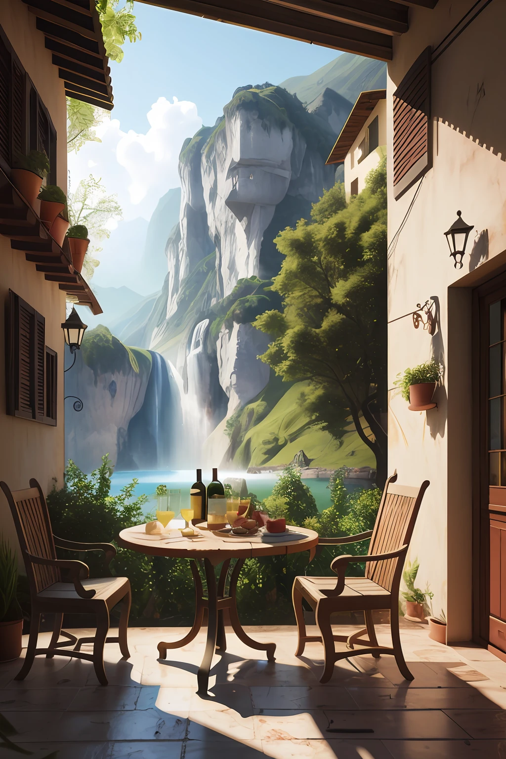 There is a table with a glass of wine and two chairs, realistic fantasy rendering, beautiful render of a landscape, pintura fosca fotorrealista, pintura fosca ultrarrealista, paisagem fotorrealista, beautiful render of a fairytale, Pintura fosca renderizada em 3D, pintura fosca bonita, ambiente hiper-realista, aventura render hiper realista, 3D render e pintura fosca