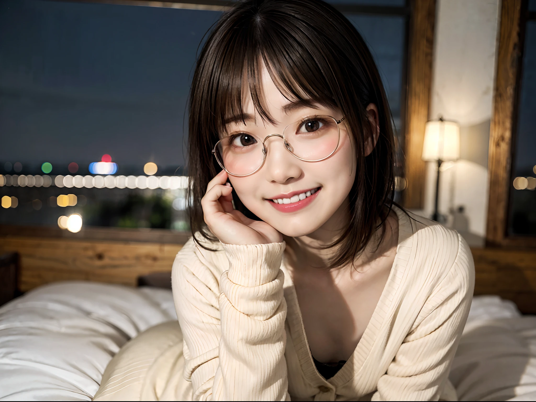 Japan girl in casual clothes in hotel room at night、looking at the viewers、(top-quality、​masterpiece)))、hight resolution、ighly detailed、​masterpiece、电影灯光、(8K、top-quality、​masterpiece:1.2)、(realisitic、Photorealsitic:1.37) Hi-Res、The ultra-detailliert、Woman with glasses、Thin frame round glasses、Light colored glasses frames、asian human, cute little, cute  face, 独奏, Short hair 1.2, Textured skin, beautiful smiling face, Beautiful detailed night sky, Detailed night view, 电影灯光, depth of fields, Lens flare light、Sitting in bed、Dating、(blush nose)、(A smile:1.15)、(Mouth closed)tiny chest、beautiful finely detailed eyes、(Sweaters:1.1)、natta、(shorth hair:1.2)、Floating hair Nova frog style、