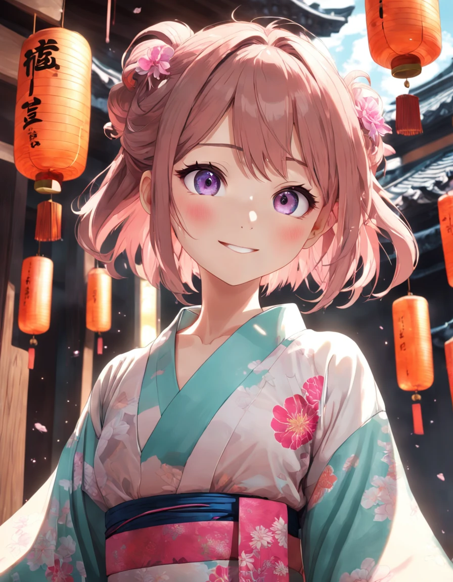 ((Yukata)),eye glass，innocent smiles，ancient city，veranda，wind chime，(1girl in, Solo:1.6),(Best Impact:1.5), (maximalism:1.7),Vivid contrast, (Realistic), hyperrealistic illustrations, hight resolution, ultra-detailliert, absurderes,(Fractal Art:1.3)、Random hairstyle、Random hair color colorful、Iridescent eyes、FULL BODYSHOT、Retro、Precise focus、randome pose、cinema4d、Drama
