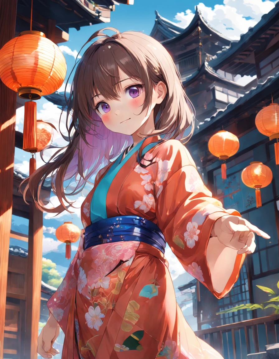 ((Yukata)),eye glass,innocent smiles,ancient city,veranda,wind chime,(1girl in, Solo:1.6),(Best Impact:1.5), (maximalism:1.7),Vivid contrast, (Realistic), hyperrealistic illustrations, hight resolution, ultra-detailliert, absurderes,(Fractal Art:1.3)、Random hairstyle、Random hair color colorful、Iridescent eyes、FULL BODYSHOT、Retro、Precise focus、randome pose、cinema4d、Drama
