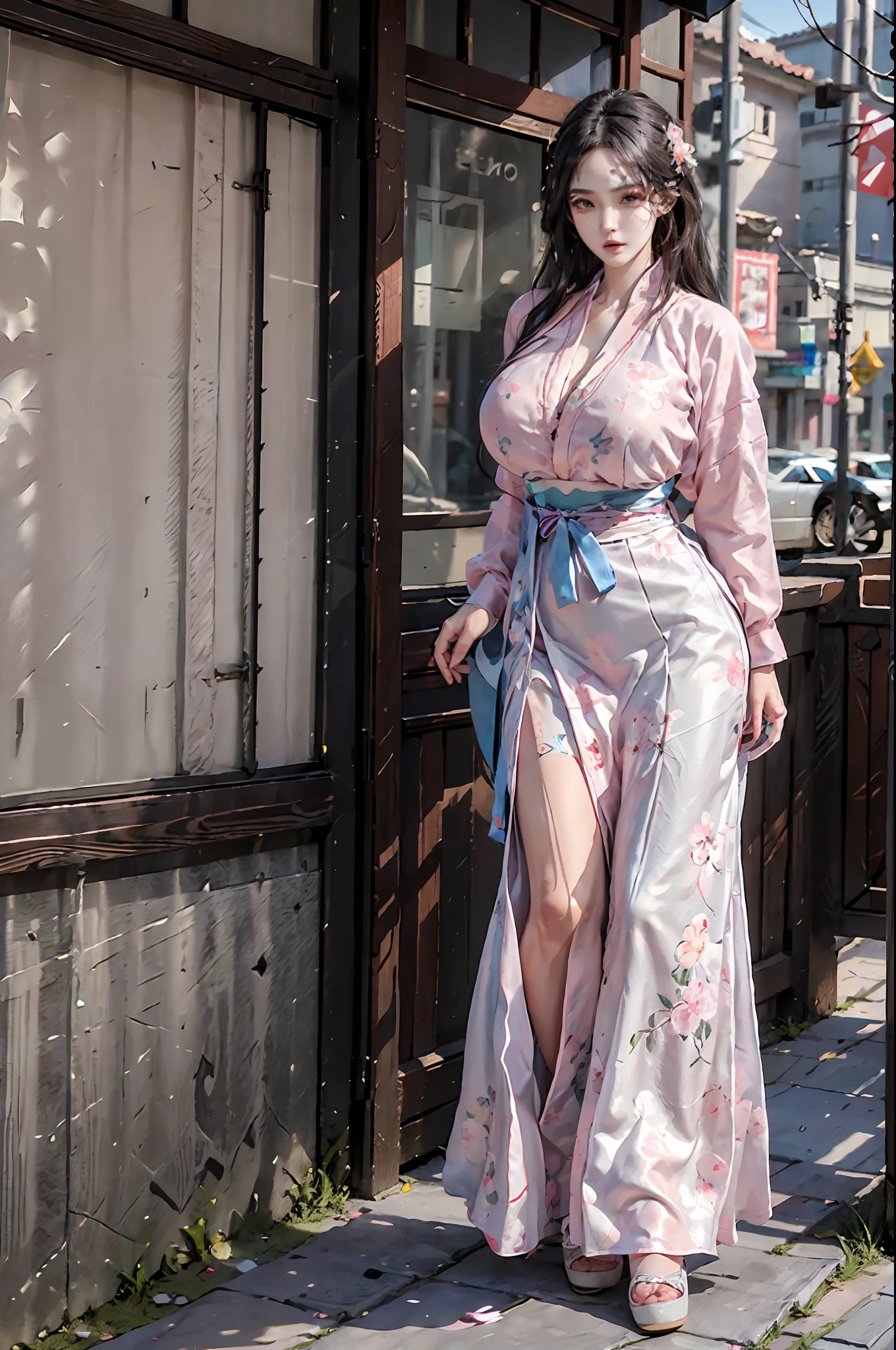(masterpiece), best quality, highres, (hyperrealistic), 8k, Detailed Illustration, intricate detail,
looking at viewer,(make up),(slender body:1.5),(Gigantic Breasts:1.6),gyaru,young,(huge ass),(underbust:1.4),(tight),(Full body),
1girl,(hanfu),(floral print),(pink shirt),(pink long skirt),(long sleeves),