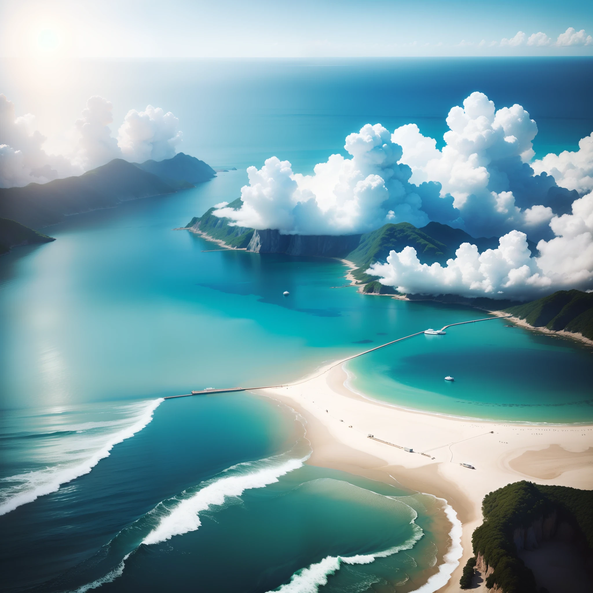 A clear sky、Vast sea、Sunshine、Peaceful scenes that create joy and satisfaction