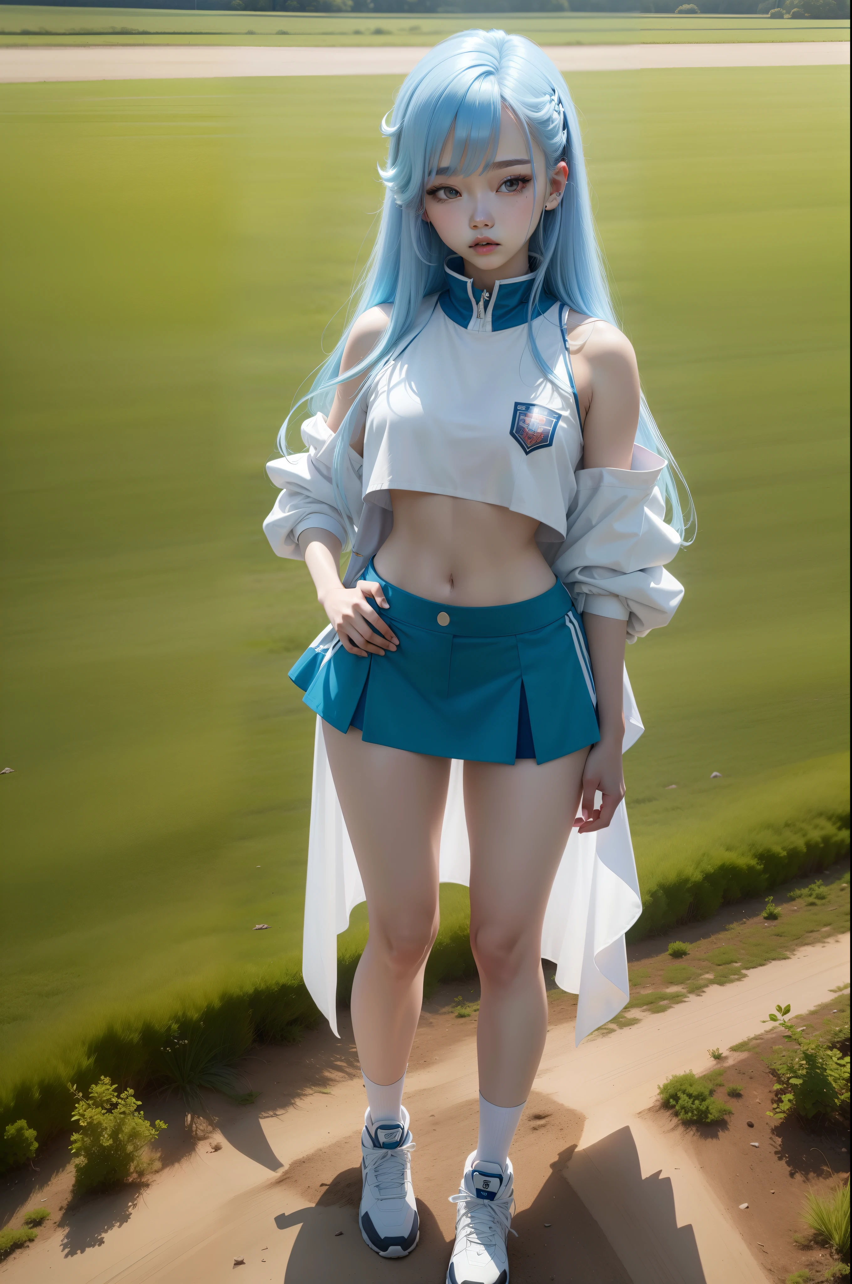 "Full body view of 18 years old Kim Chaewon in a white revealing outfit with blue hair and red highlight. She is standing confidently on a field, with a slight exposure of her midriff and a petite figure. The photo is captured in UHD 4K, exhibiting exquisite details."