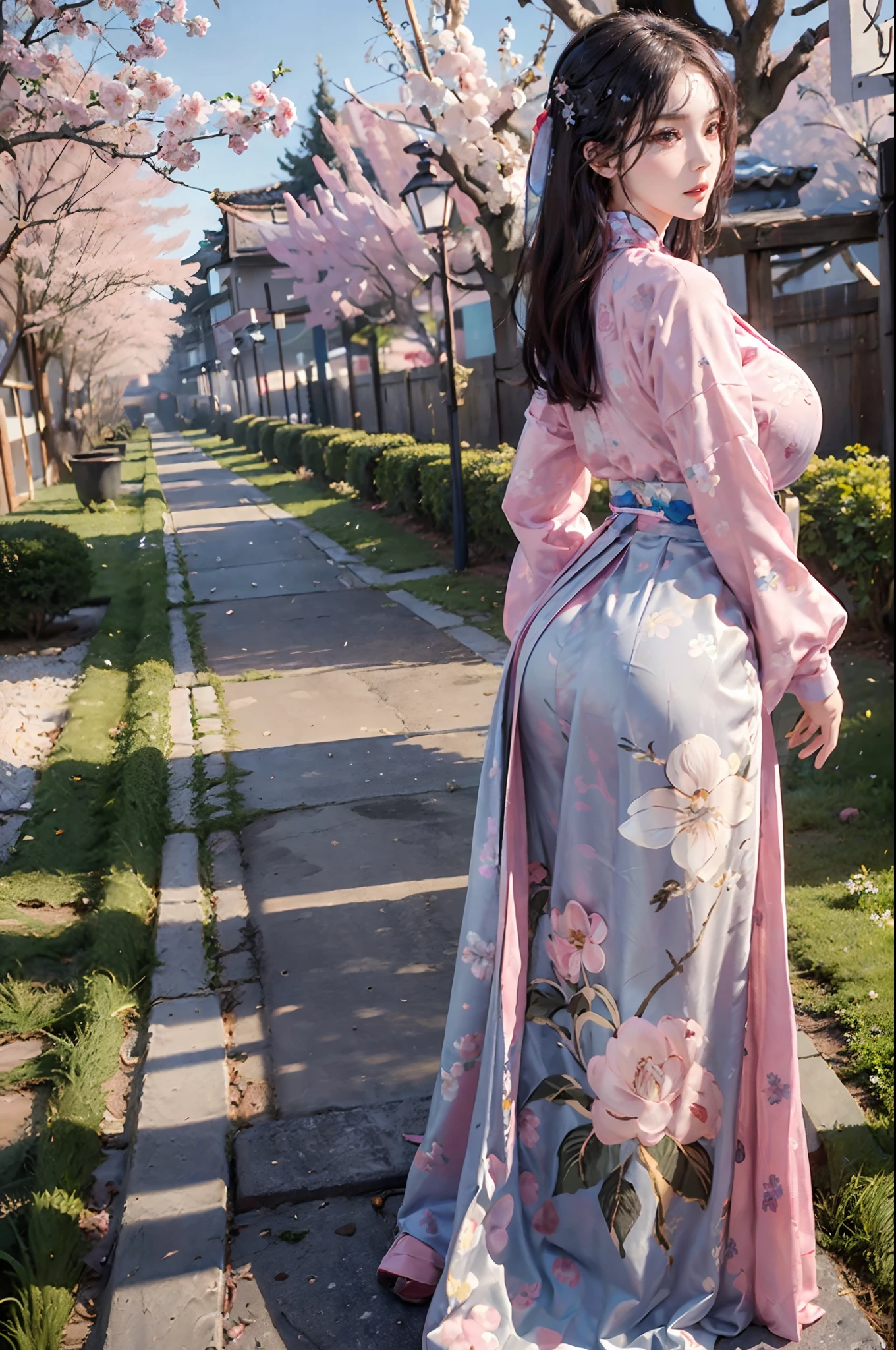 Female model with a curvaceous figure, is painted with delicate pink cherry blossoms cascading down her arms and across her back, symbolizing beauty and renewal. Her pose exudes confidence and grace, showcasing the harmony between her natural form and the floral artistry.