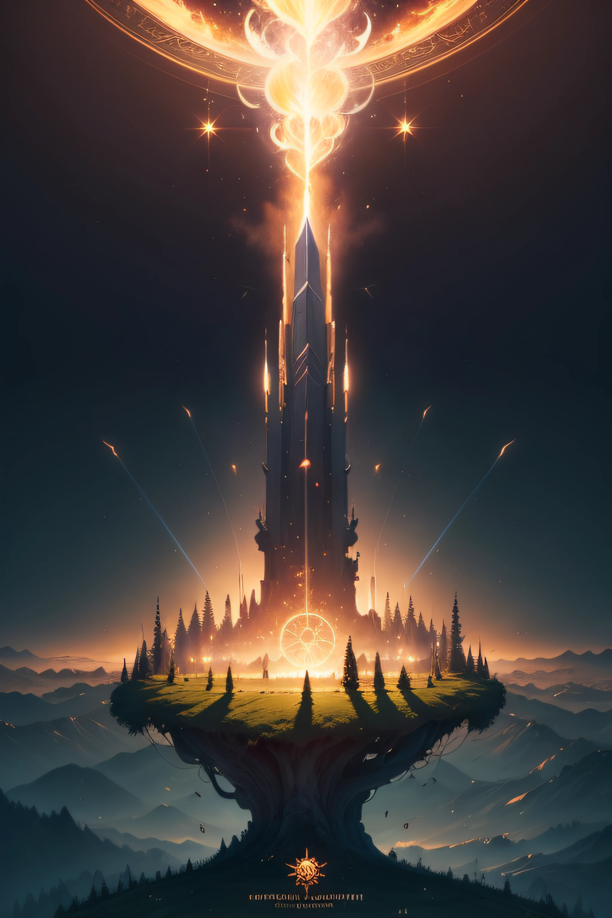 a large grass field ,
(a view from above that shows open field below),
a wizard hovering 2 meter above grass field,
he is looking up,
10 fireballs hovering 5 meters above him in circle ,
each fireballs have distance 1 meter each other,
(fire particle:0.2),
a large magic circle below the wizard,
tree BREAK production art,
(warm light source:1.2),
intricate details,
(best quality),
4k,
ultra-detailed,
(dynamic composition:1.4),
highly detailed,
colorful details,
magical