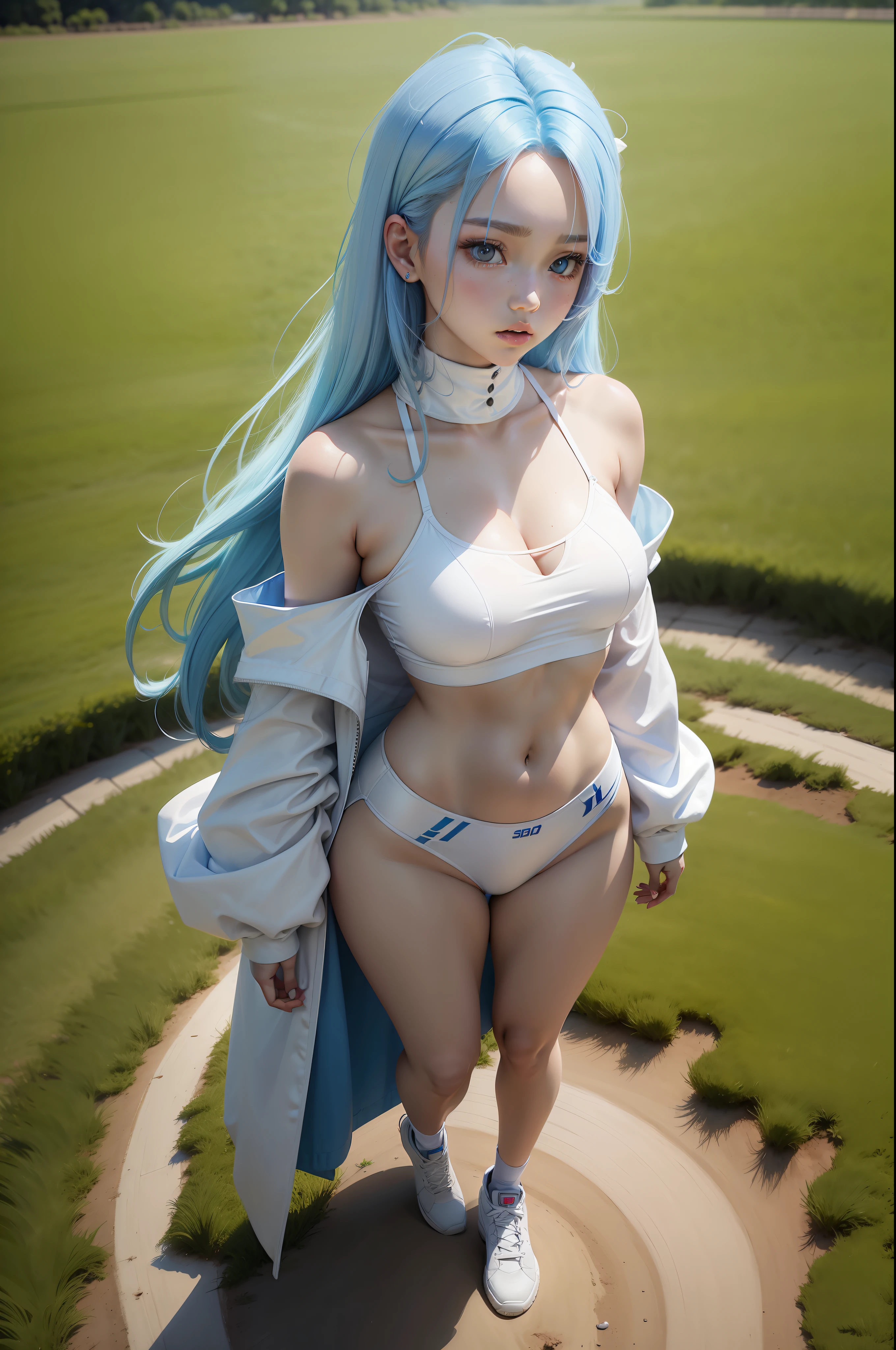"Full body view of 18 years old Kim Chaewon in a white revealing outfit with blue hair and red highlight. She is standing confidently on a field, with a slight exposure of her midriff and a petite figure. The photo is captured in UHD 4K, exhibiting exquisite details."