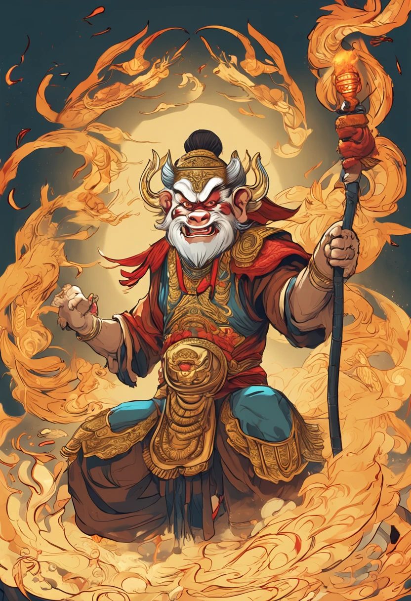 ((1人)),Anthropomorphic male monkey man,Holding a golden hoop stick in his hand, Bo Xilai staff table, son goku, Wukong, Fight for Buddha, Normal hands, Clouds of flame under your feet, Fire-eyed golden eyes Bright and brave, Very beautiful anthropomorphic monkey, Fighting stance, Guan yu, Inspired by Huang Shen, Inspired by Hu Zaobin, Legend has it that the monkey god with a spear, Gold Chinese armor, battleground background, Flaming aura,