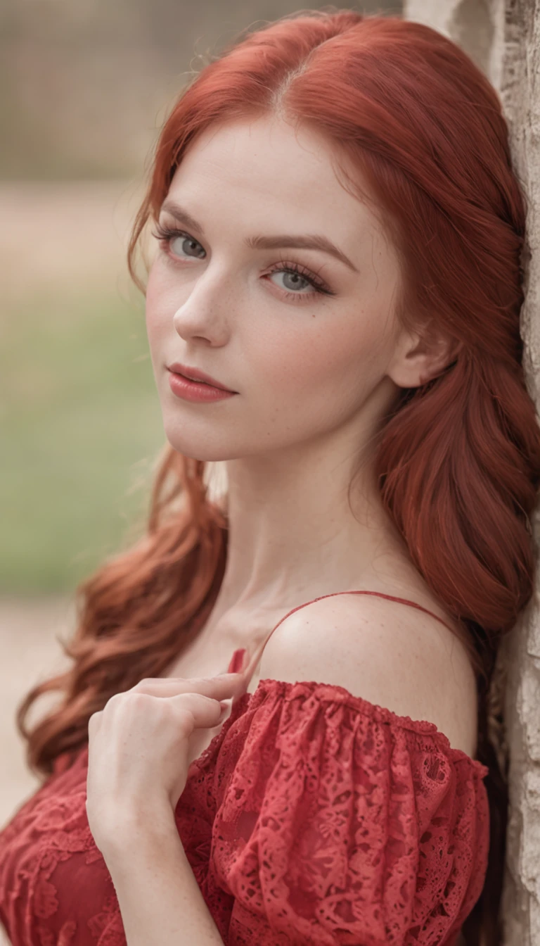 (obra prima, alto detalhe, absurdos, Foto RAW:1.4), 1 girl pinup, long red hair, rosto delicado, long eyelashes, little smile, In the Romantic Vintage Setting, summer dress, stockings, high heels