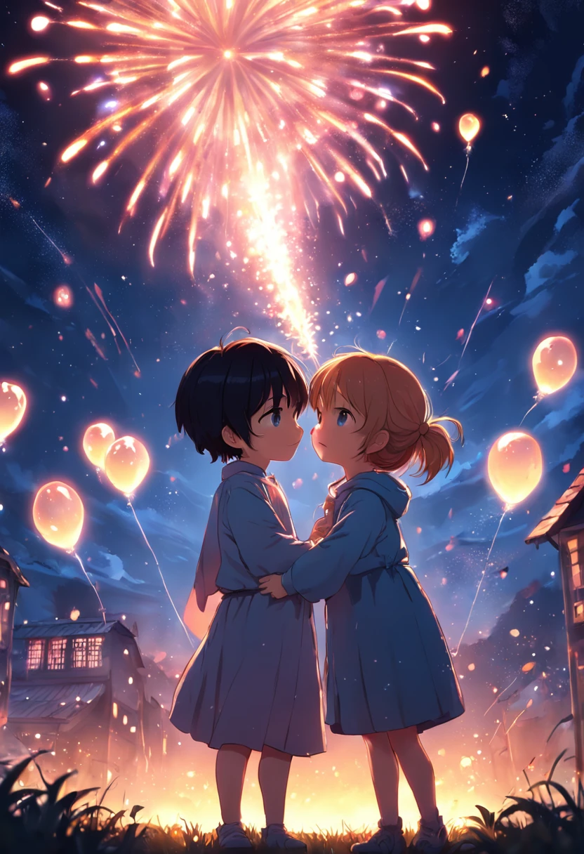 the night，Colorful，Fireworks all over the sky，Heart-shaped bubbles，Child couples，Cartoony，Chubby little girl and little boy hugging each other，Glowing fireflies around，，Cute and cute，KIDS ILLUSTRATION，Glow effects，Dingdall effect，depth of fields，high light，Real light，Ray traching，oc rendered，Hyper-realistic，best qualtiy，8K，Works of masters，super-fine，Detailed pubic hair，Correct ，sharp focus on eyes，The  structure is reasonable， features are carefully depicted