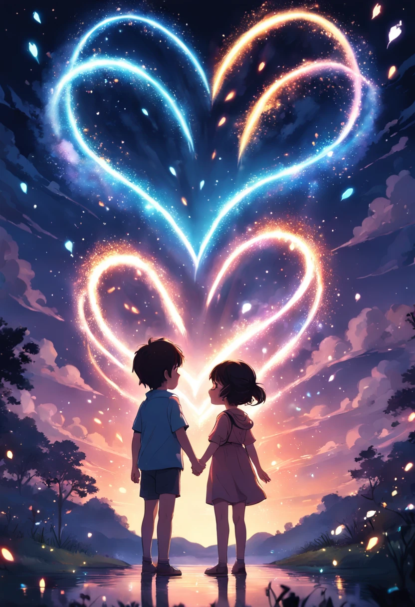 the night，Colorful，Fireworks all over the sky，Heart-shaped bubbles，Child couples，Cartoony，Chubby little girl and little boy hugging each other，Glowing fireflies around，，Cute and cute，KIDS ILLUSTRATION，Glow effects，Dingdall effect，depth of fields，high light，Real light，Ray traching，oc rendered，Hyper-realistic，best qualtiy，8K，Works of masters，super-fine，Detailed pubic hair，Correct ，sharp focus on eyes，The  structure is reasonable， features are carefully depicted