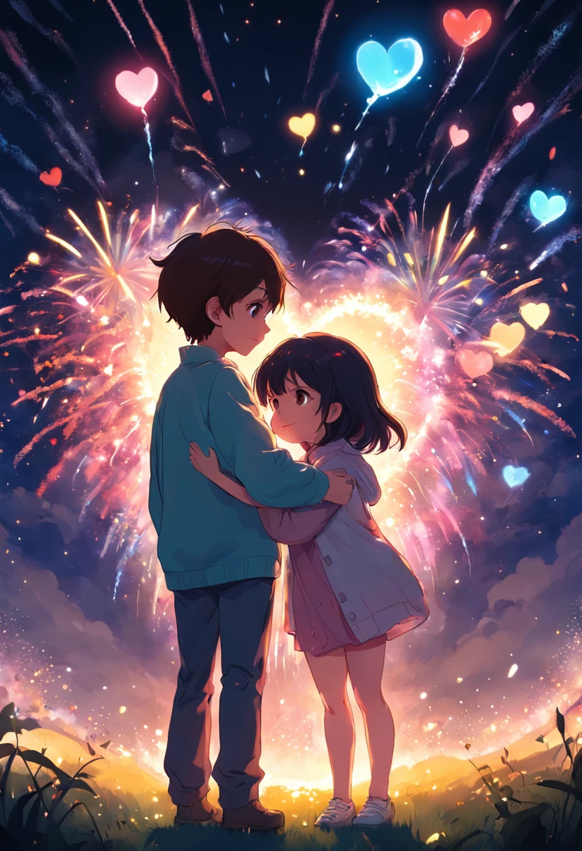 the night,Colorful,Fireworks all over the sky,Heart-shaped bubbles,Child couples,Cartoony,Chubby little girl and little boy hugging each other,Glowing fireflies around,,Cute and cute,KIDS ILLUSTRATION,Glow effects,Dingdall effect,depth of fields,high light,Real light,Ray traching,oc rendered,Hyper-realistic,best qualtiy,8K,Works of masters,super-fine,Detailed pubic hair,Correct ???????,sharp focus on eyes,The facial structure is reasonable,Facial features are carefully depicted