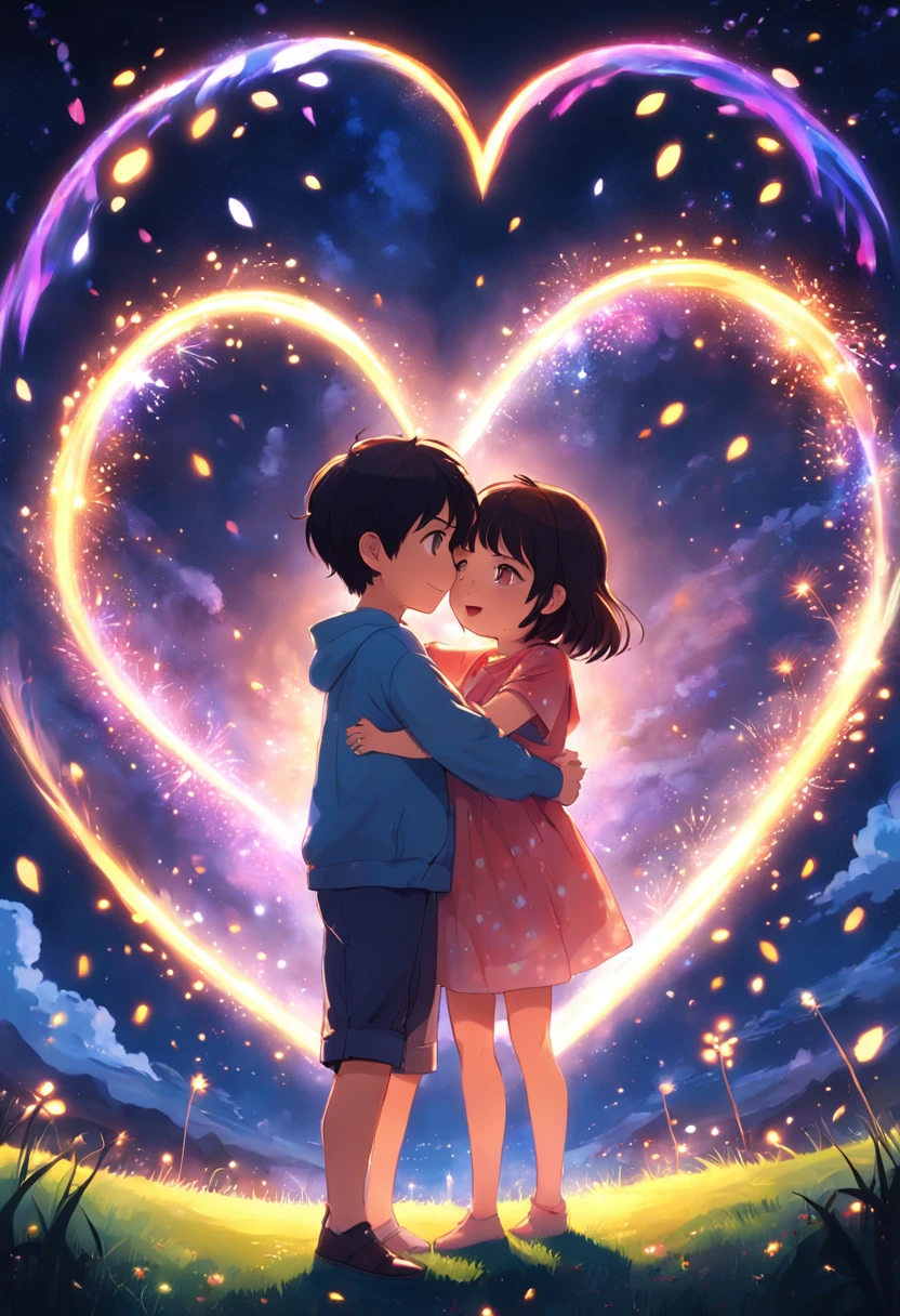 the night,Colorful,Fireworks all over the sky,Heart-shaped bubbles,Child couples,Cartoony,Chubby little girl and little boy hugging each other,Glowing fireflies around,,Cute and cute,KIDS ILLUSTRATION,Glow effects,Dingdall effect,depth of fields,high light,Real light,Ray traching,oc rendered,Hyper-realistic,best qualtiy,8K,Works of masters,super-fine,Detailed pubic hair,Correct anatomy,sharp focus on eyes,The facial structure is reasonable,Facial features are carefully depicted