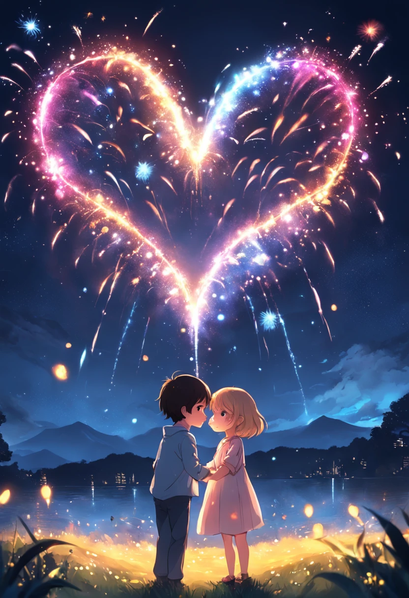 the night，Colorful，Fireworks all over the sky，Heart-shaped bubbles，Child couples，Cartoony，Chubby little girl and little boy hugging each other，Glowing fireflies around，，Cute and cute，KIDS ILLUSTRATION，Glow effects，Dingdall effect，depth of fields，high light，Real light，Ray traching，oc rendered，Hyper-realistic，best qualtiy，8K，Works of masters，super-fine，Detailed pubic hair，Correct anatomy，sharp focus on eyes，The facial structure is reasonable，Facial features are carefully depicted