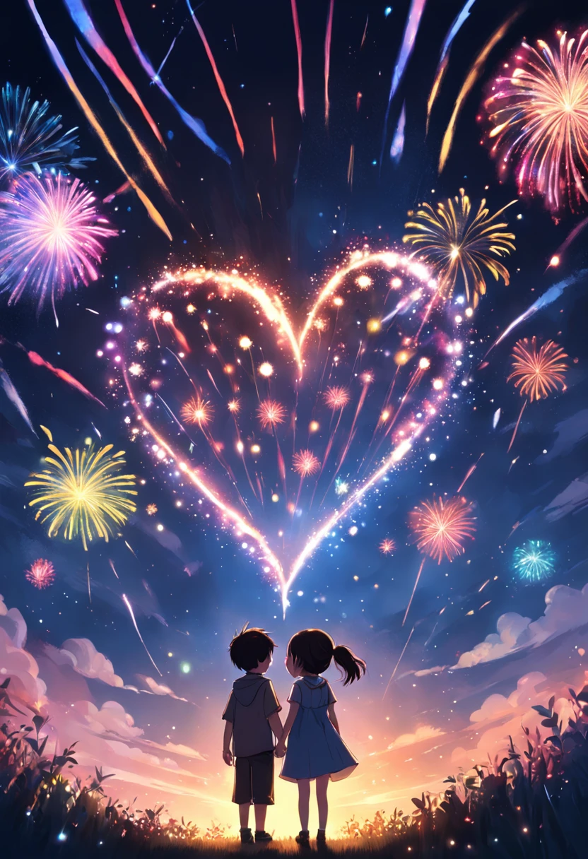 the night,Colorful,Fireworks all over the sky,Heart-shaped bubbles, couples,Cartoony,Chubby littl and little boy g each other,Glowing fireflies around,,Cute and cute,KIDS ILLUSTRATION,Glow effects,Dingdall effect,depth of fields,high light,Real light,Ray traching,oc rendered,Hyper-realistic,best qualtiy,8K,Works of masters,super-fine,Detailed pubic hair,Correct anatomy,sharp focus on eyes,The facial structure is reasonable,Facial features are carefully depicted
