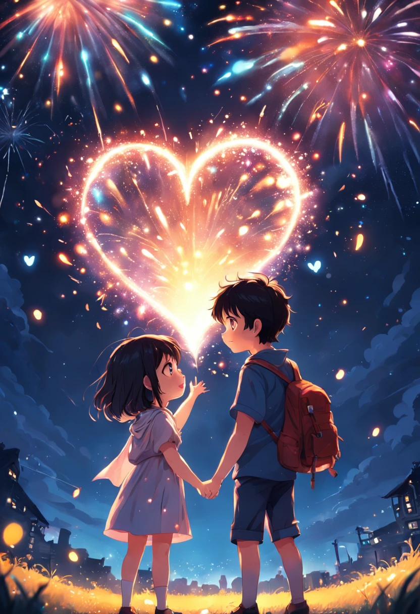 the night，Colorful，Fireworks all over the sky，Heart-shaped bubbles，Child couples，Cartoony，Chubby little girl and little boy hugging each other，Glowing fireflies around，，Cute and cute，KIDS ILLUSTRATION，Glow effects，Dingdall effect，depth of fields，high light，Real light，Ray traching，oc rendered，Hyper-realistic，best qualtiy，8K，Works of masters，super-fine，Detailed pubic hair，Correct anatomy，sharp focus on eyes，The facial structure is reasonable，Facial features are carefully depicted