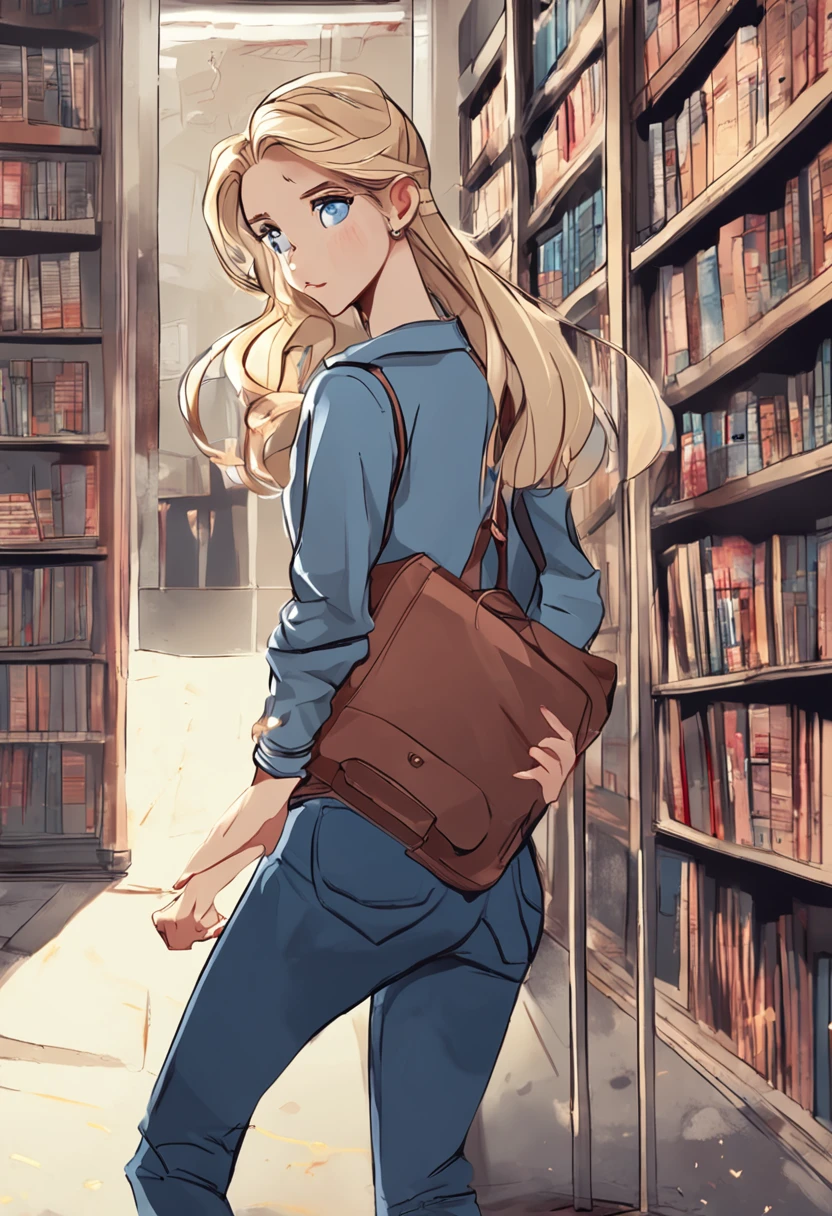 ​masterpiece,top-quality,infp young woman,Blonde blue-eyed,poneyTail,Walking in the library with a book,Gray sweater,Dark blue denim trousers