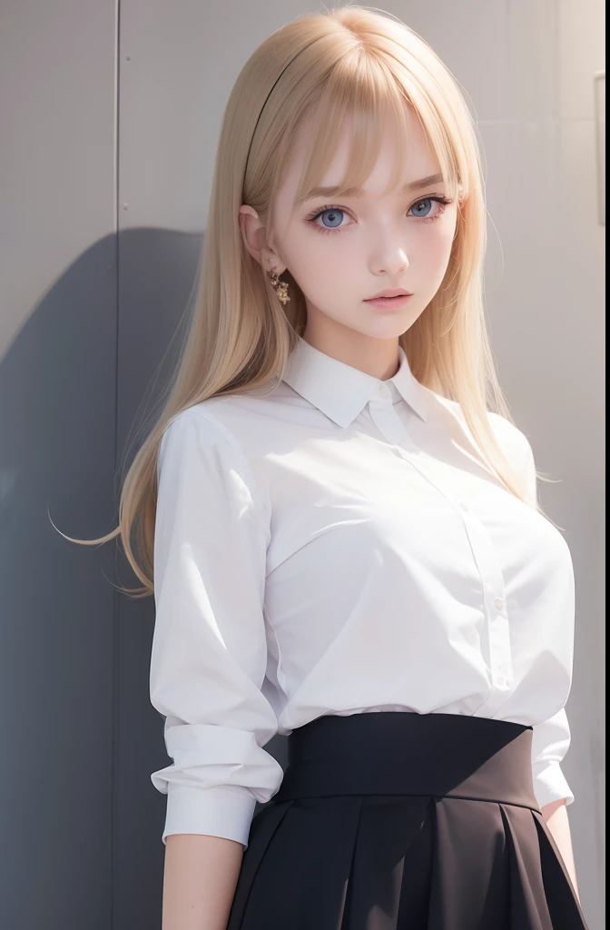 top-quality, masterpiece, ultra-detailliert, a beautiful detailed girl, extremely detailed eye and face, 16yo girl, cute little, a beauty girl, hi-school girl, japanes, a blond, Silky Bob Hair, bangss, shinny hair, Very detailed depiction of hair, beatiful detailed eyes, big eye, radiant eyes, Jumper Skirt Uniform(Length is a miniskirt), White shirt, Short jacket, Ribbon Band, slender style, middlebreasts
