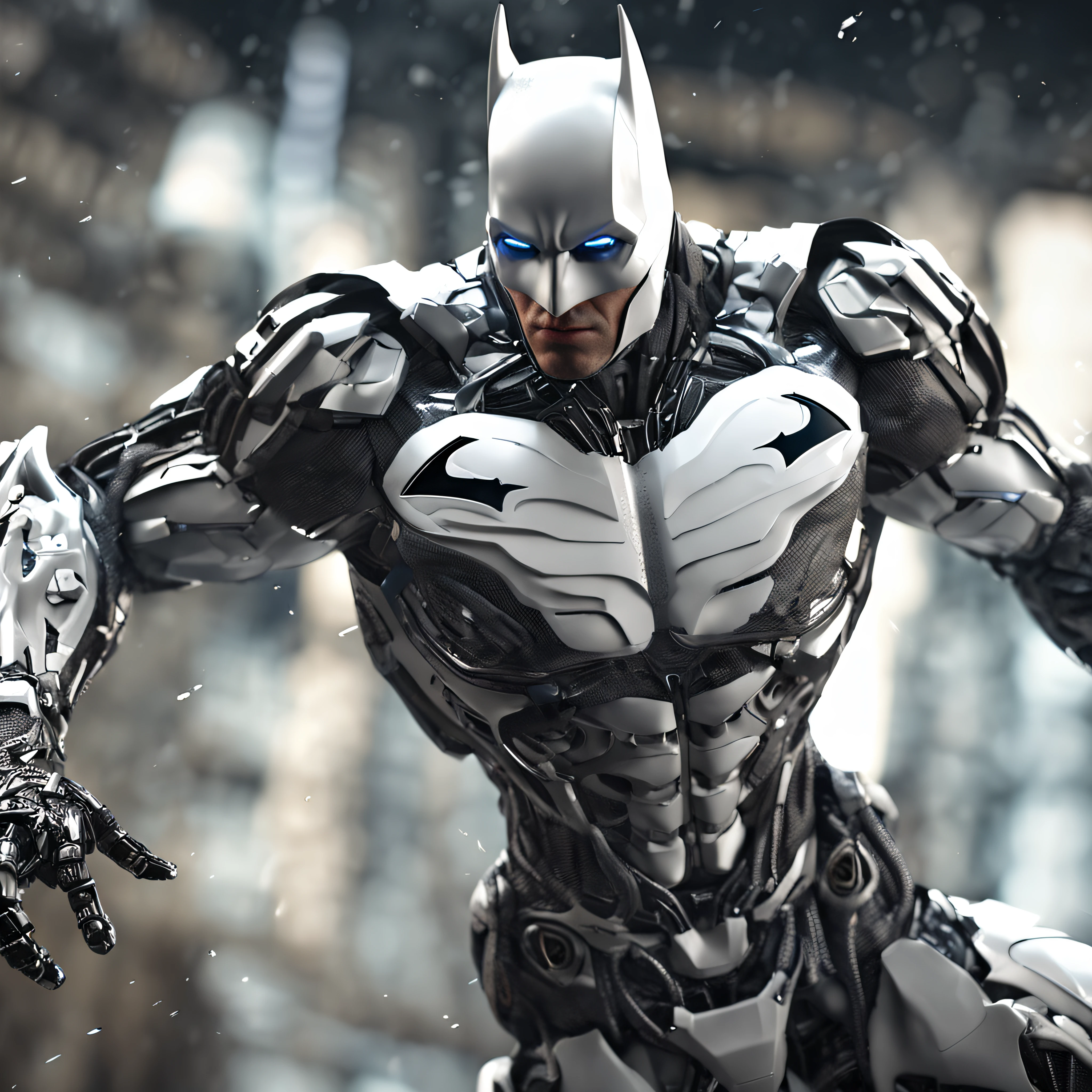 :White Batman realistic focus on an advanced cybernetic masterpiece suit, Kinematic, aerodynamic, alta qualidade ::n_desenho de estilo, Low-quality imperfection, boneco, jogo, anime